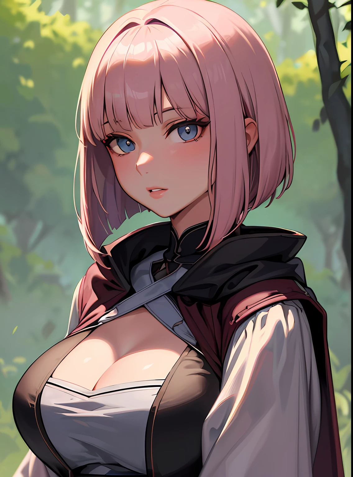 SFW (masterpiece, best quality, 32k) a youthful adult woman with short pastel pink brown hair (diagonal bangs, long bangs, bob cut, assymetrical haircut, pixie haircut), turquoise eyes, exploring a forest, medieval clothes (black, white, gray and purple), fantasy adventurer, open robe (bare shouldres, loose robe, wide sleeves, voluminous sleeves), leather armor, (wizard/ranger/monk/sorceress), ((large breasts)), ((slim)), head-to-waist portrait, cinematics, color oil painting, cinematic lighting, extremely detailed face, finely detailed face, beautiful face, beautiful eyes, perfect lighting, depth of field, (realistic proportions), (good anatomy), (solo), (1girl)
