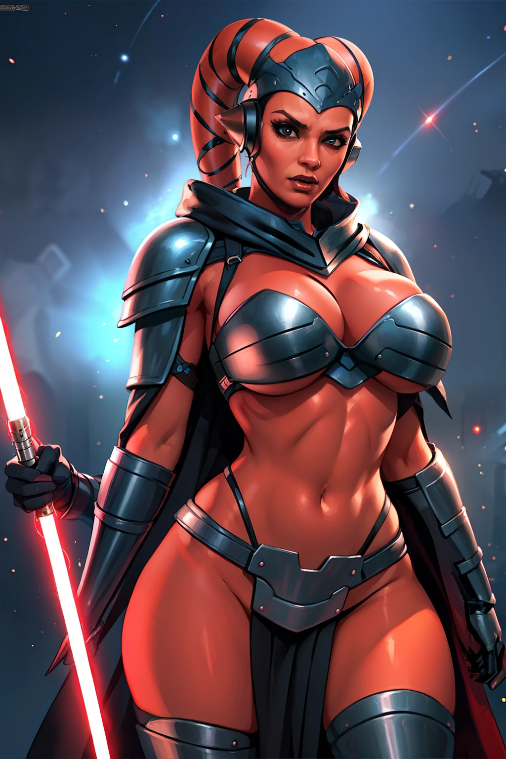 busty, masterpiece, best quality, highly detailed, award winning, high definition, ((red skin), twi'lek), dual red lightsabers, evil space knight, space ninja, (black robes, black stealth armor, breastplate, tunic, tabard, cowl, cloak, body glove, straps, buckles, skirts, long sleeves, fantasy, ((armor))), ((busty), slender body, thin, slim sexy body, slim waist, (((huge breasts)))), Imperial starship, Star Wars,