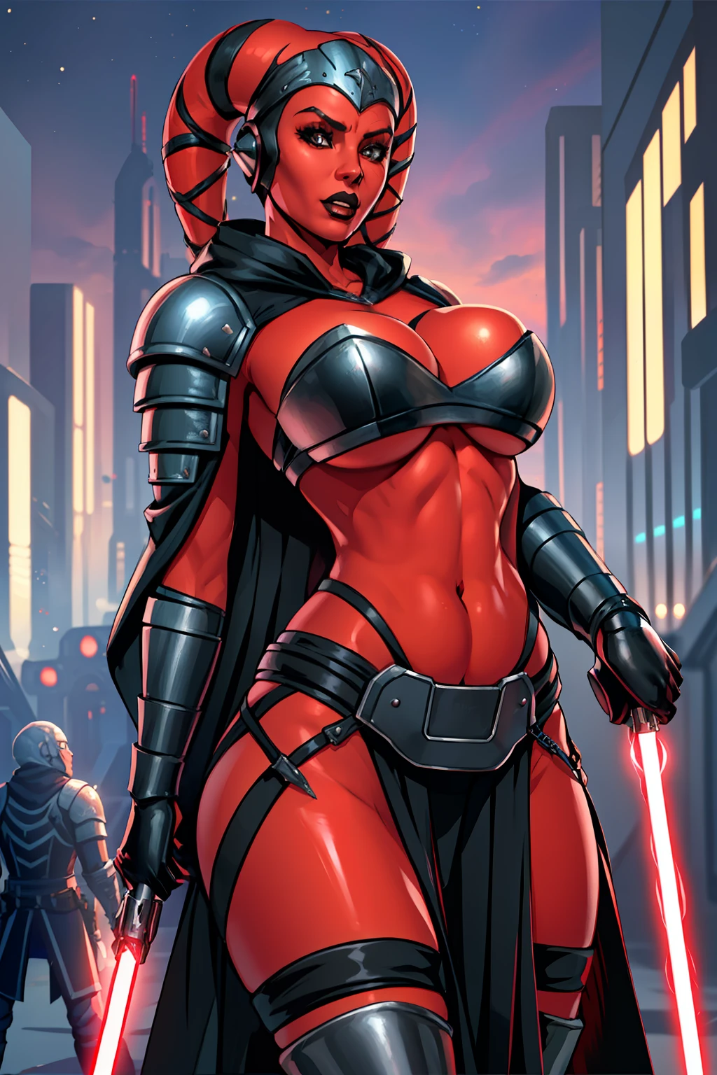 busty, masterpiece, best quality, highly detailed, award winning, high definition, ((red skin), twi'lek), dual red lightsabers, evil space knight, space ninja, (black robes, black stealth armor, breastplate, tunic, tabard, cowl, cloak, body glove, straps, buckles, skirts, long sleeves, fantasy, ((armor))), ((busty), slender body, thin, slim sexy body, slim waist, (((huge breasts)))), Imperial starship, Star Wars,