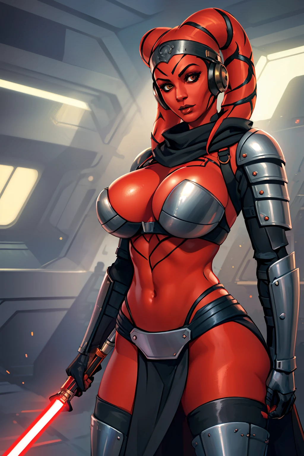 busty, masterpiece, best quality, highly detailed, award winning, high definition, ((red skin), twi'lek), dual red lightsabers, evil space knight, space ninja, (black robes, black stealth armor, breastplate, tunic, tabard, cowl, cloak, body glove, straps, buckles, skirts, long sleeves, fantasy, ((armor))), ((busty), slender body, thin, slim sexy body, slim waist, (((huge breasts)))), Imperial starship, Star Wars,