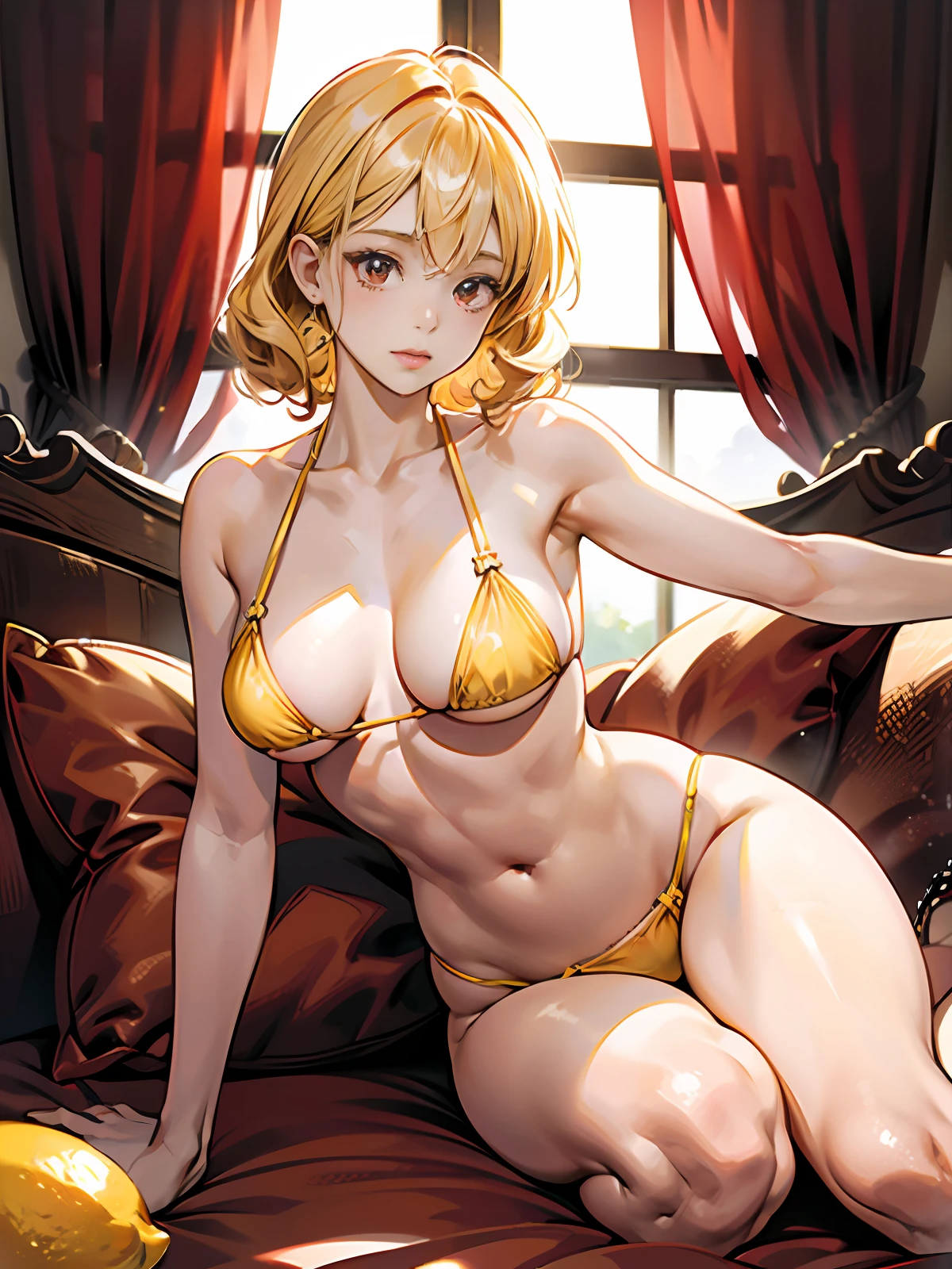 1 fille, pose accroupie, lingerie sexy translucide, corps transparent, Mini bikini transparent, big nipples, Curly hair lemon yellow color, Scarlet red eyes, Visage adolescente