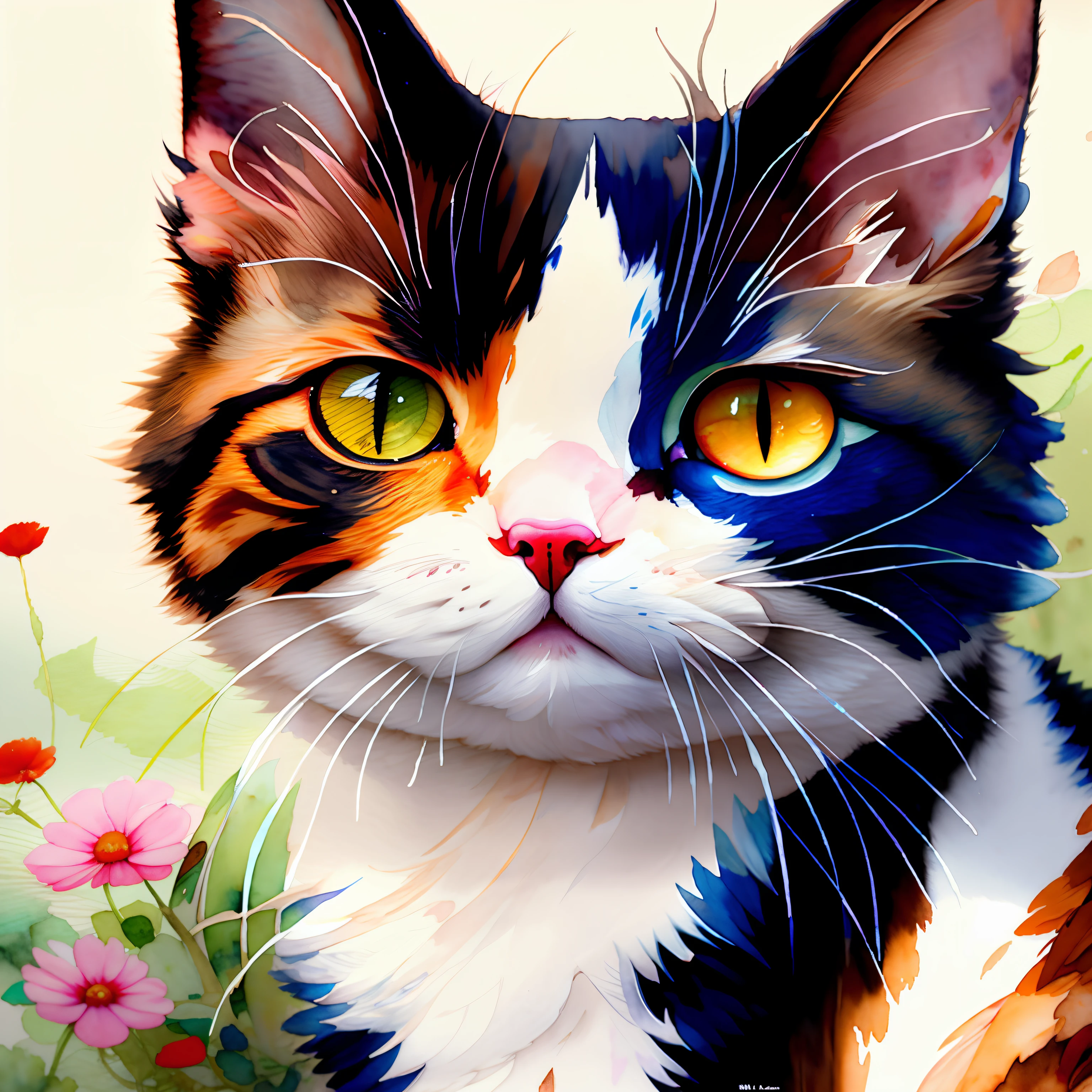 wtrcolor style、(Cat character) Digital Art、Official art、frontage、A smile、​masterpiece、Beautiful fece、((watercolor paiting))、Face Paint、Splatters of paint、intricate detailes。Highly detailed and detailed eyes、[dripping:0.5]、ArtStation Trends、By Rachel Walker、Persian cat、Round eyes、kawaii
