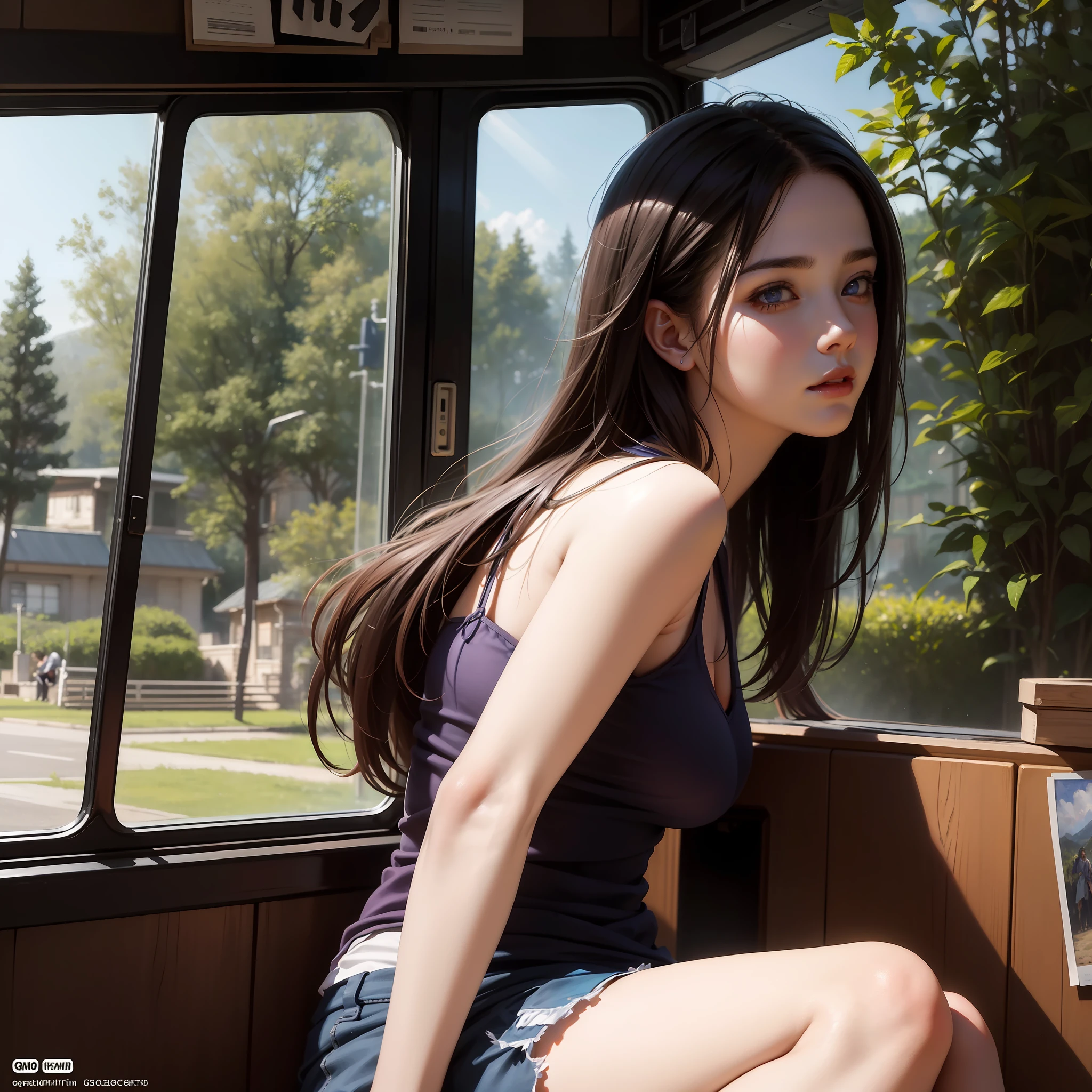 illustartions "bus", concept art by Pino Daeni, Jeremy Mann, Greg Rutkowski, Konstantin Razumov, Vladimir Volegov, Realistic close-up portrait, eun-ji playing electric guitar, sitting inside the bus, long purple hair, wearing vneck and mini skirt, clean face, sakura garden, epic cloud, sunrise, 4k, light reflected in the eyes, studio portrait, soft light, bezel lighting, bokeh background, picturesque, buff painting, (detailed faces:1. 3), (Detailed Eyes:1.3, 8K, HDR, RGB, Ultra-HD --ar 16:9 --q 5 --s 1000 --style raw