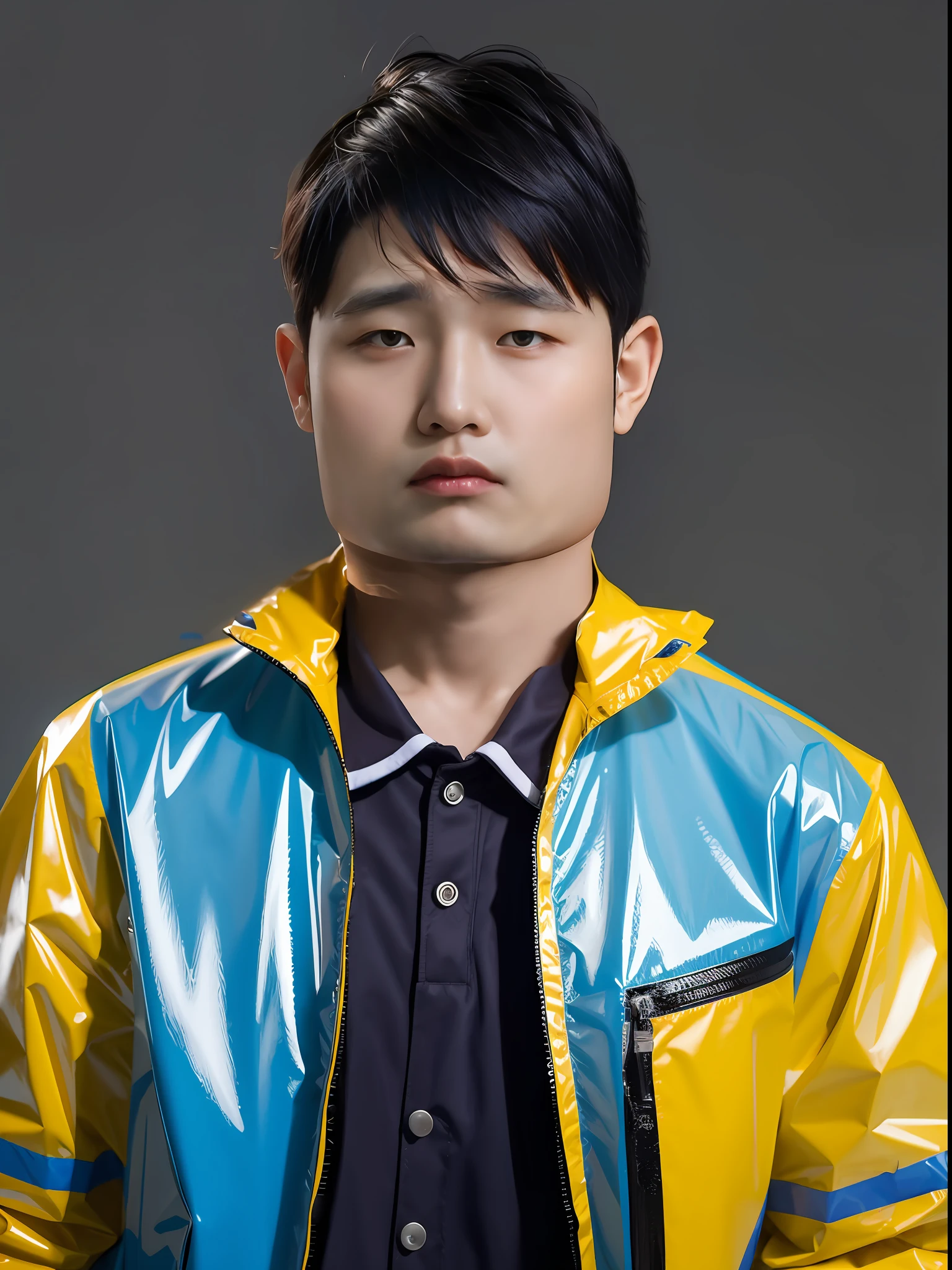 Chinese male high school student，Wear a PVC colored raincoat，wearing hat