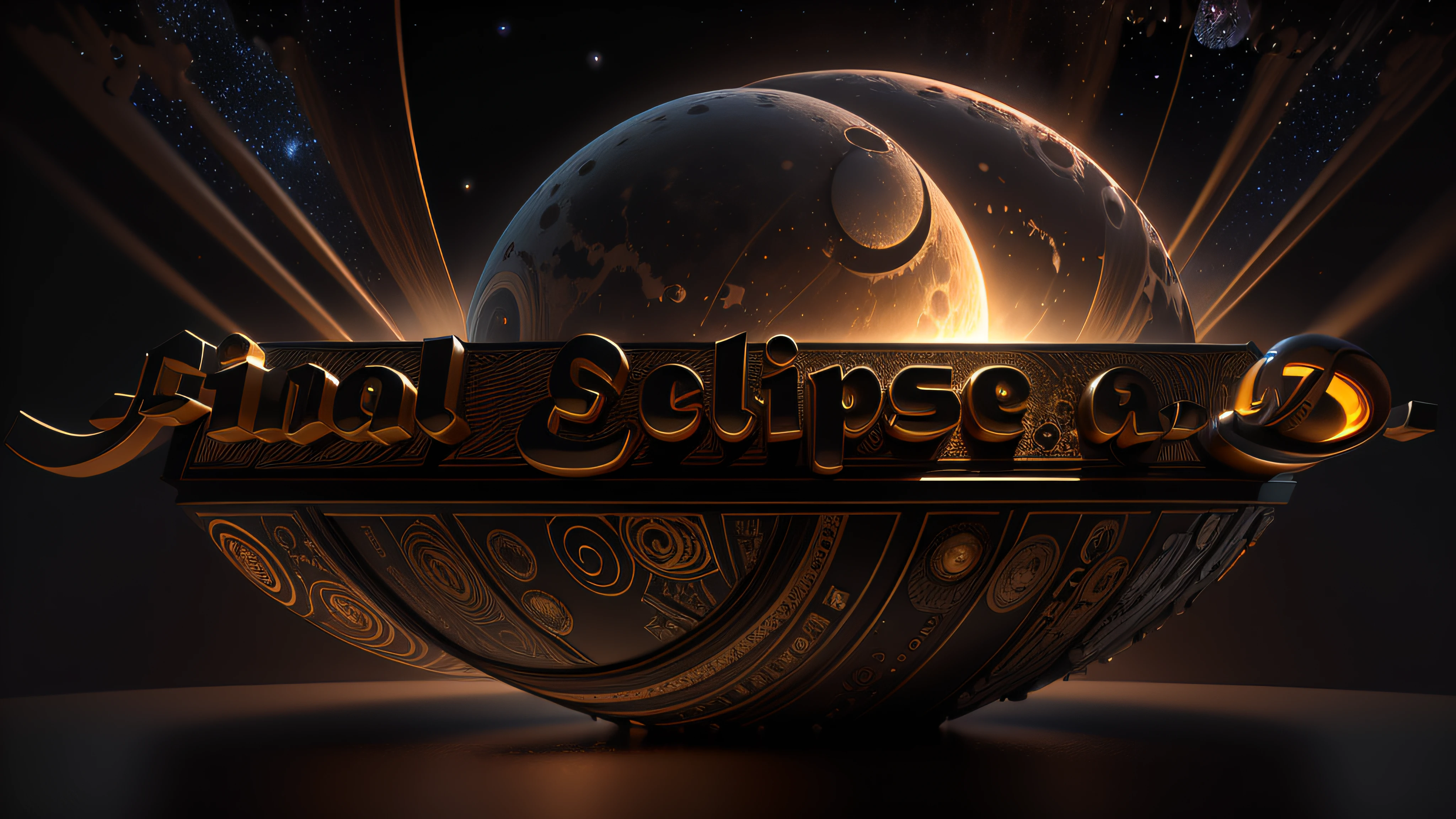 Logo com o nome Final Eclipse a.d. BEGE, Themed black and bronze in a night sky with full moon and giant planet Saturn behind, 8k, 3D-rendering, Hiper realista, logo is on a mirrored chessboard, NVIDIA, ray-traced, Bokeh, profundidade de campo, Sinalizadores,