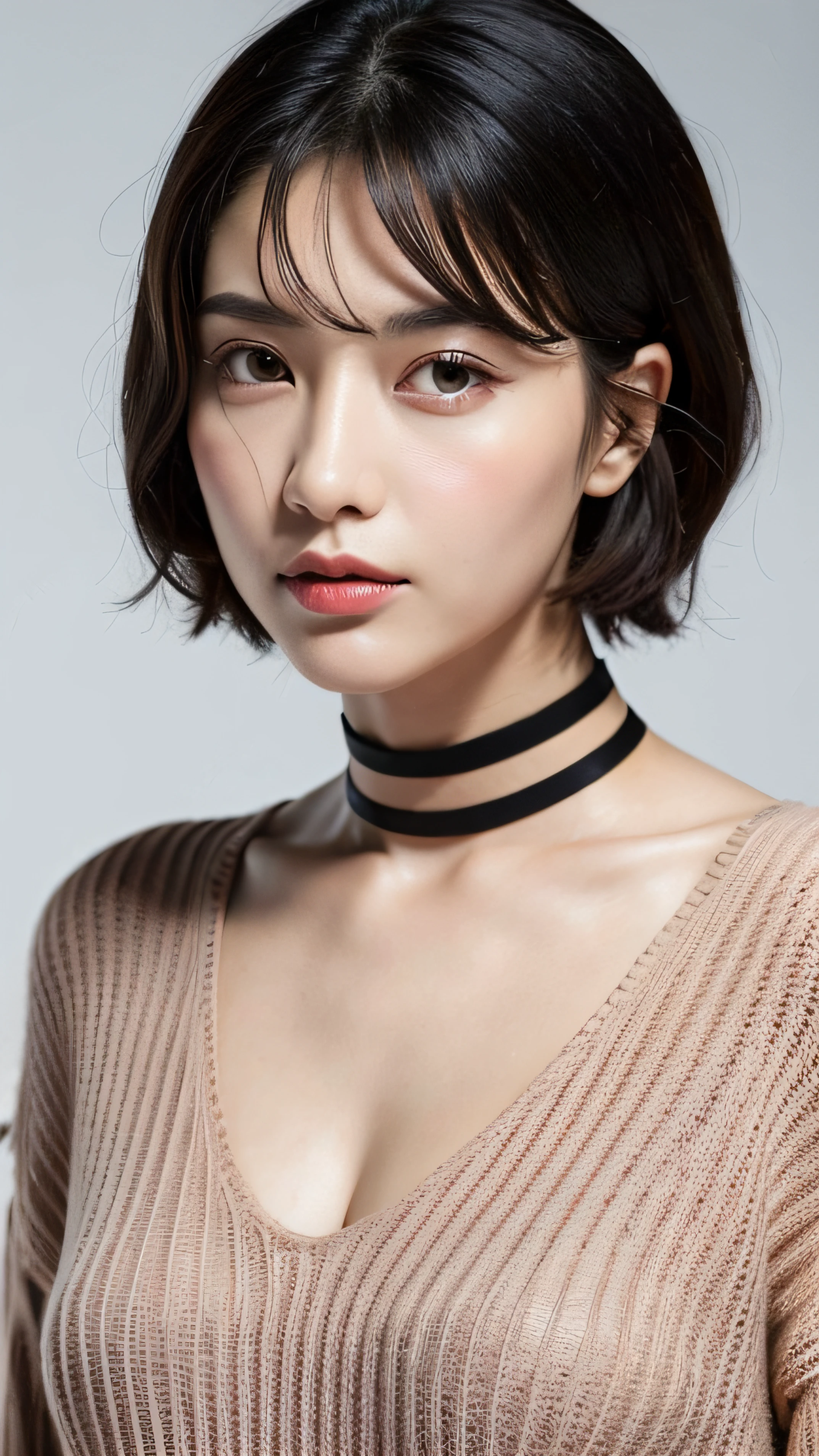 (best qualtiy,8k,32k,tmasterpiece,UHD:1.2),Photo of beautiful Chinese woman,big cleavage breasts,Very short Bob hair,full bodyesbian,sface focus,oversized_sweater,choker necklace,simple backgound,from the above,looking at viewert,45 years old intellectual