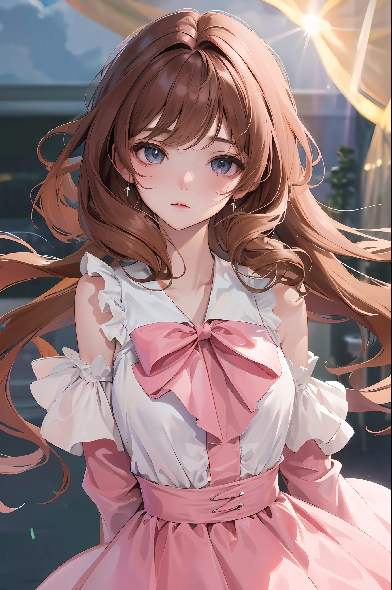 high high quality，tmasterpiece，Delicate facial features，Delicate hair，Delicate eyes，Delicate hair，Romantic girl，Anime shoujo，One in a pink dress，Pop dresses，Long brown hair，scenecy,rays of sunshine,baiyun,Detailed clouds，posed for photo, 8k octae render photo, loli in dress, render of april, Rendu portrait 8k, super detailed render, Guviz, cute anime style，Guviz-style artwork, Fantastical Atmosphere，highly detailed soft lighting，8K high quality detailed art（Delicate facial portrayal）（Fine hair portrayal）（highest  quality）（Master masterpieces）（High degree of completion）（a sense of atmosphere）8k wallpaper，tmasterpiece，Best quality at best，ultra - detailed