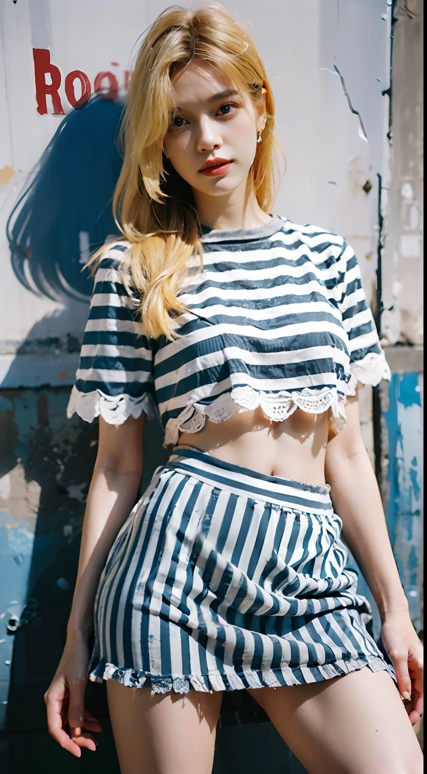 She has long light yellow hair,Wasteland punk style,Wear a blue and white striped T-shirt,Lace skirt,Long legs,Black-gray tones,Shabby poster wall with background,tmasterpiece,Need,photorealestic,k hd,photography lighting,16k