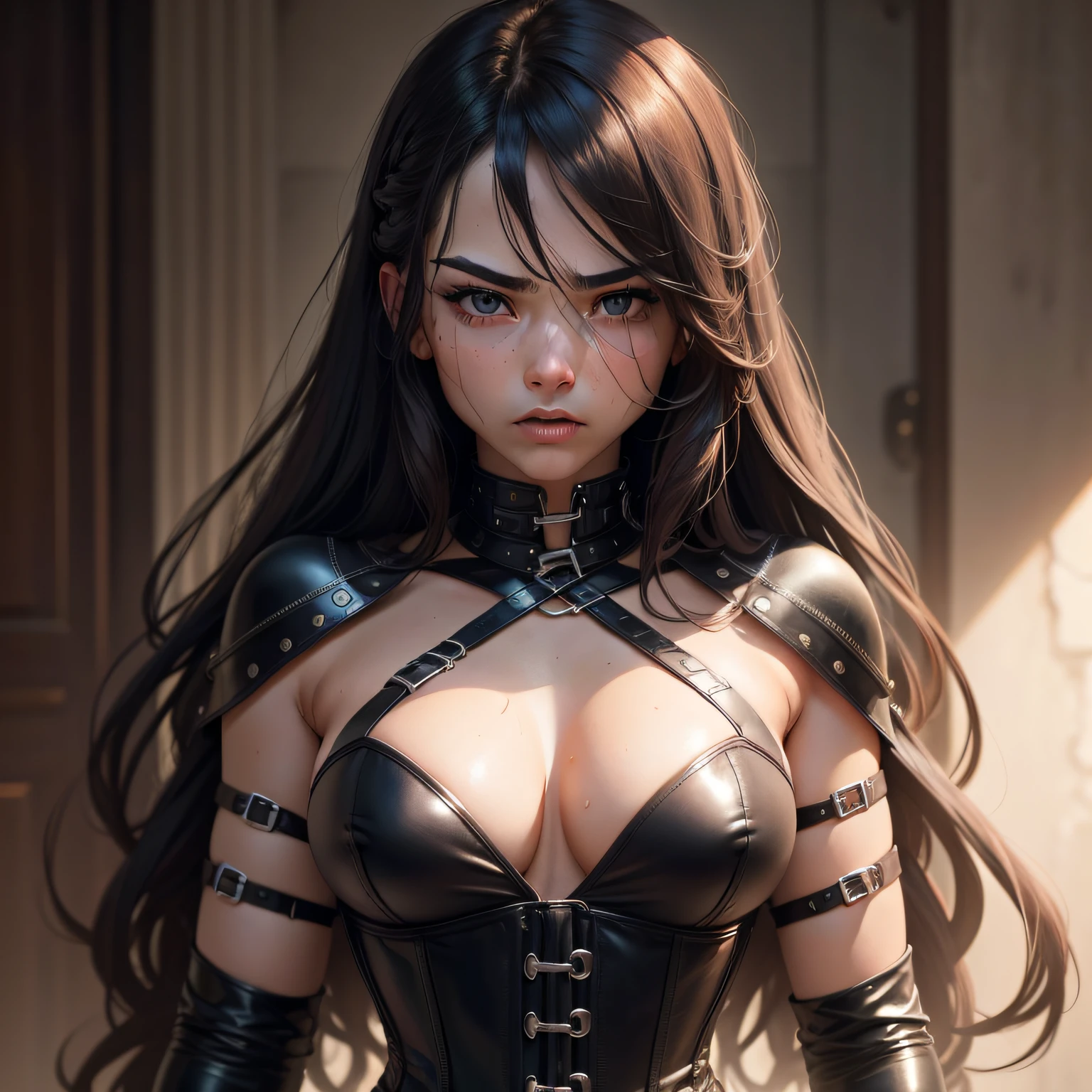 Angry Face, BDSM,slave,Rubber,Black Corset,Bondage,Collar,NSFW,((Best Quality, 8k, Masterpiece:1.3))), Crisp Focus: 1.2、(Layer Cut, Big:1.2),Beautiful Woman with Perfect Figure: 1.4、Slender Abs:1.2、Wet Body:1.5、Highly Detailed Face and Skin Texture、Detailed Eyes、Double Eyelids,Long Hair