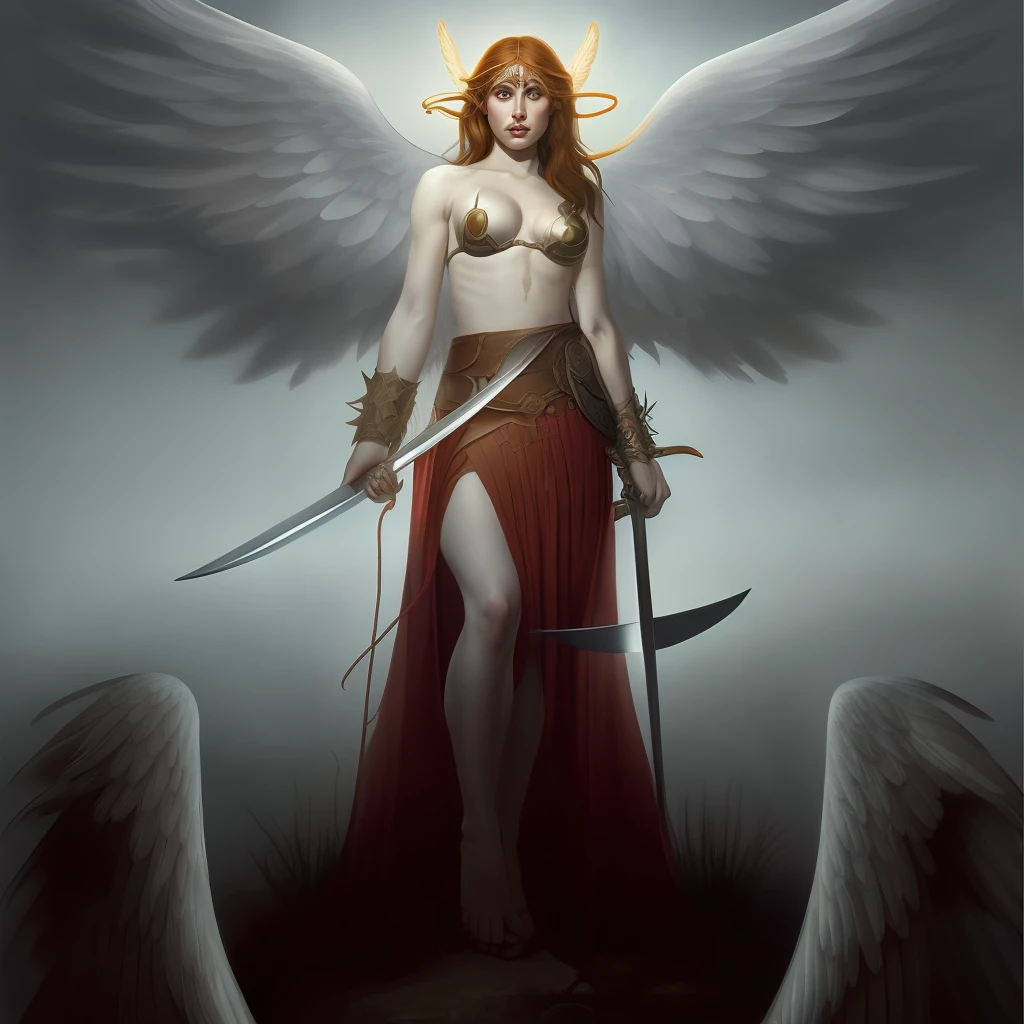 a hyper realistic portrait of a female heavenly angel, anatomy, bathed in light, holding a big sword, big angel wings, highly detailed, pretty face, smoth, sharp focus, illustration, newhorrorfantasy_style