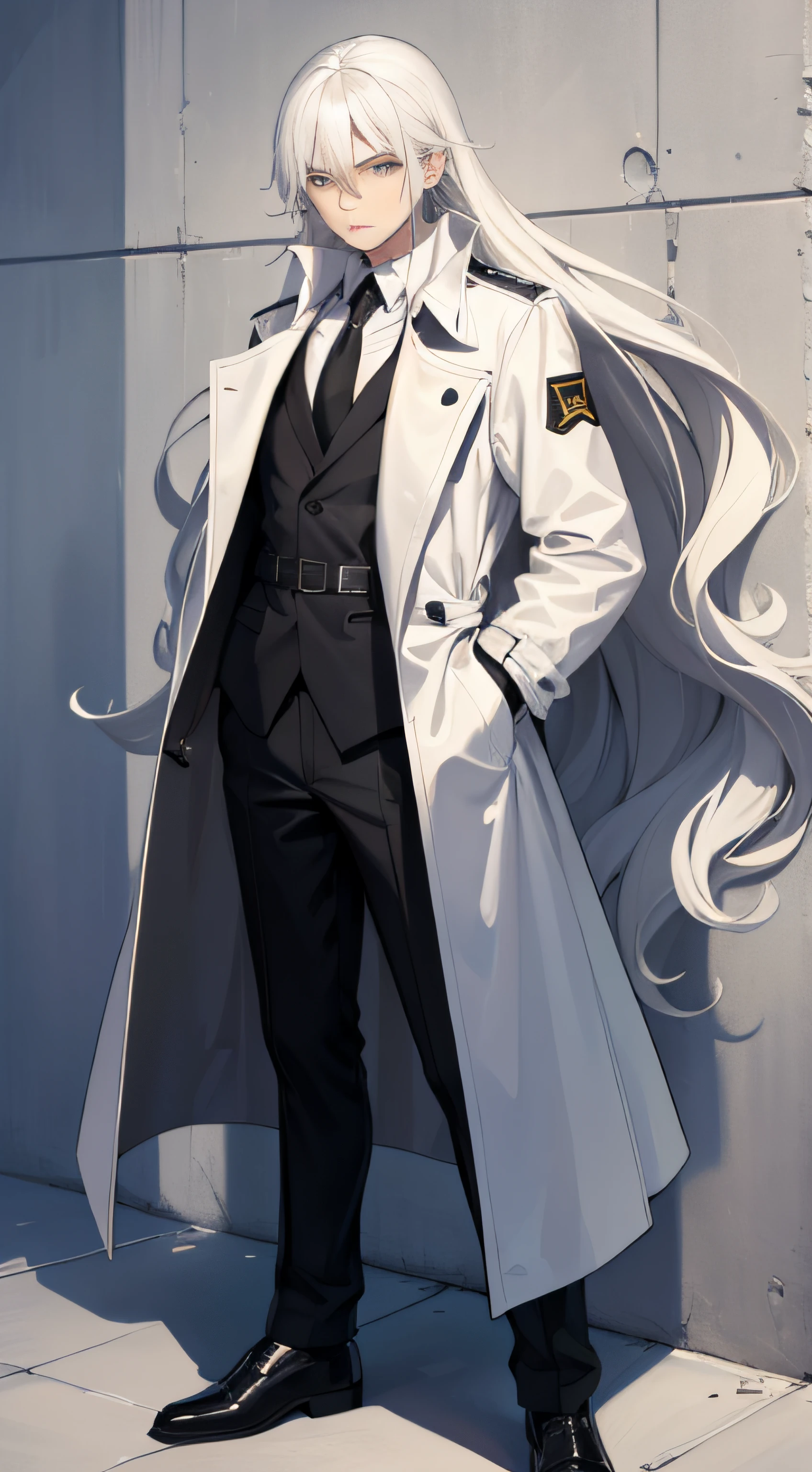Man with long white hair,A man of about 25 years of age,Wear a long trench coat