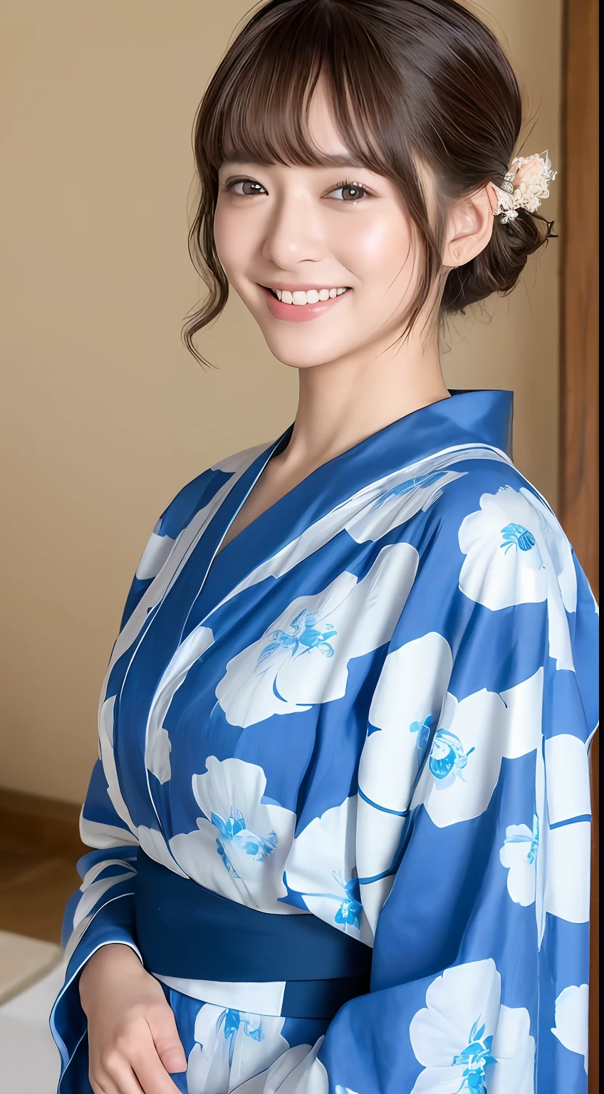 ((top-quality、8K、masterpiece:1.3))、1girl in、(Casual Hairstyles、so short hair)、interiors、Super Detail Face、Delicat eyes、二重まぶた、A smile、Kawaii Yukata、Highly detailed upper body、Highly detailed lower body、(fully body photo)、
