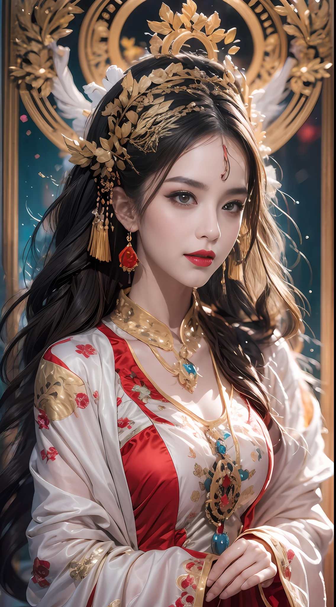 Portrait of a young 20-year-old saint, a saint with a beautiful and super cute face,wearing a very thin and sexy ao dai, beautiful cute face, Ao dai with a deep slit in the chest and attractive black and white lace trim, beautiful face without blemishes, Lovely smile, ((7-color hair length:1.2)), big crown, hair brooch, hanfu dress, chinese ancient style, full body jewelry, forehead tattoo, The female saint's breasts are round and very full, breast augmentation, innocent face, The most beautiful and detailed light red lipstick, ((Thin plump lips:0.3)), delicate pink and white eyes (white and detailed) cinematic, light and dark, dramatic lighting, magical light, extremely detailed light, true color, super sharp, realistic, 8k quality, fantasy universe background, saints and magical space, the most detailed images, Solo, a saintess, ((looking directly at the saint's upper body:0.4)), ((smooth skin:0.5)),