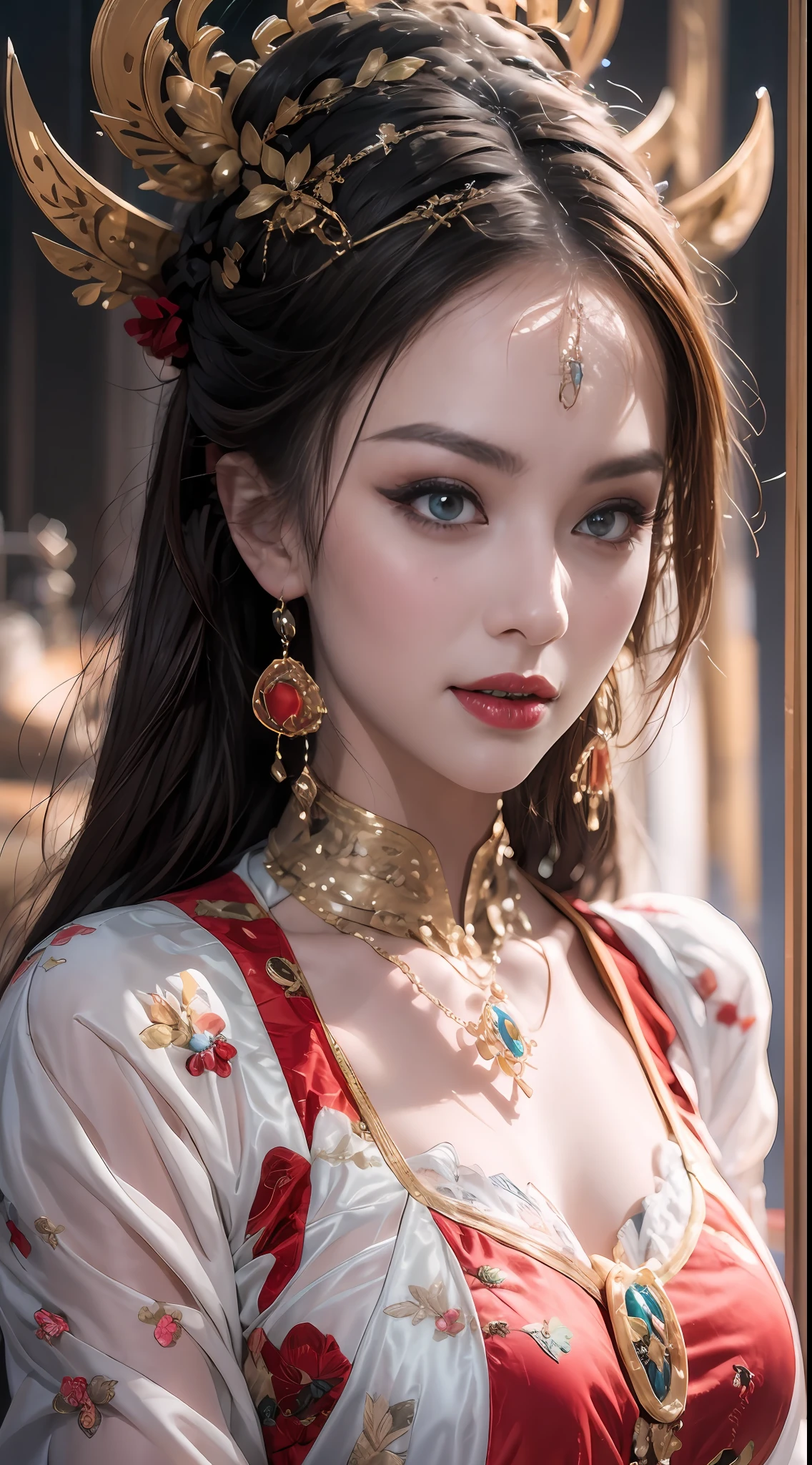 Portrait of a young 20-year-old saint, a saint with a beautiful and super cute face,wearing a very thin and sexy ao dai, beautiful cute face, Ao dai with a deep slit in the chest and attractive black and white lace trim, beautiful face without blemishes, Lovely smile, ((7-color hair length:1.2)), big crown, hair brooch, hanfu dress, chinese ancient style, full body jewelry, forehead tattoo, The female saint's breasts are round and very full, breast augmentation, innocent face, The most beautiful and detailed light red lipstick, ((Thin plump lips:0.3)), delicate pink and white eyes (white and detailed) cinematic, light and dark, dramatic lighting, magical light, extremely detailed light, true color, super sharp, realistic, 8k quality, fantasy universe background, saints and magical space, the most detailed images, Solo, a saintess, ((looking directly at the saint's upper body:0.4)), ((smooth skin:0.5)),