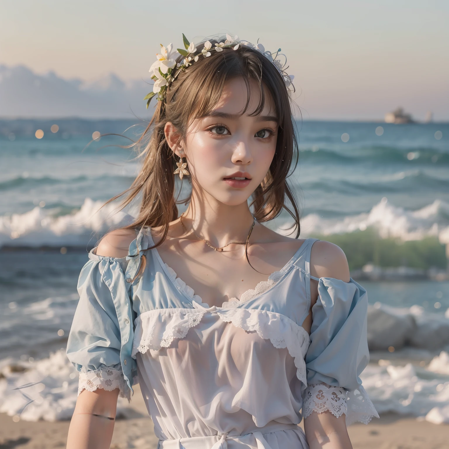 （4K transparent high-quality photos，a warm color palette，Soft natural light，professional photoshooting）（Masterpiece,High-quality portrait close-up）（ar old，French bangs，Cute lace suspender swimsuit（1.2），Plaid skirts，pony tails，perfect body figure，Bigchest（1.2），broad shoulder（1.2）,Sexy cute girl body lying on the beach exposed（1.5），Small lips（1.2），Wear a garland on your head，delicate finger，Be red in the face，The body is wet（1.2），There is sand on the chest（1.2））（blue clear skies，On the beach by the sea)