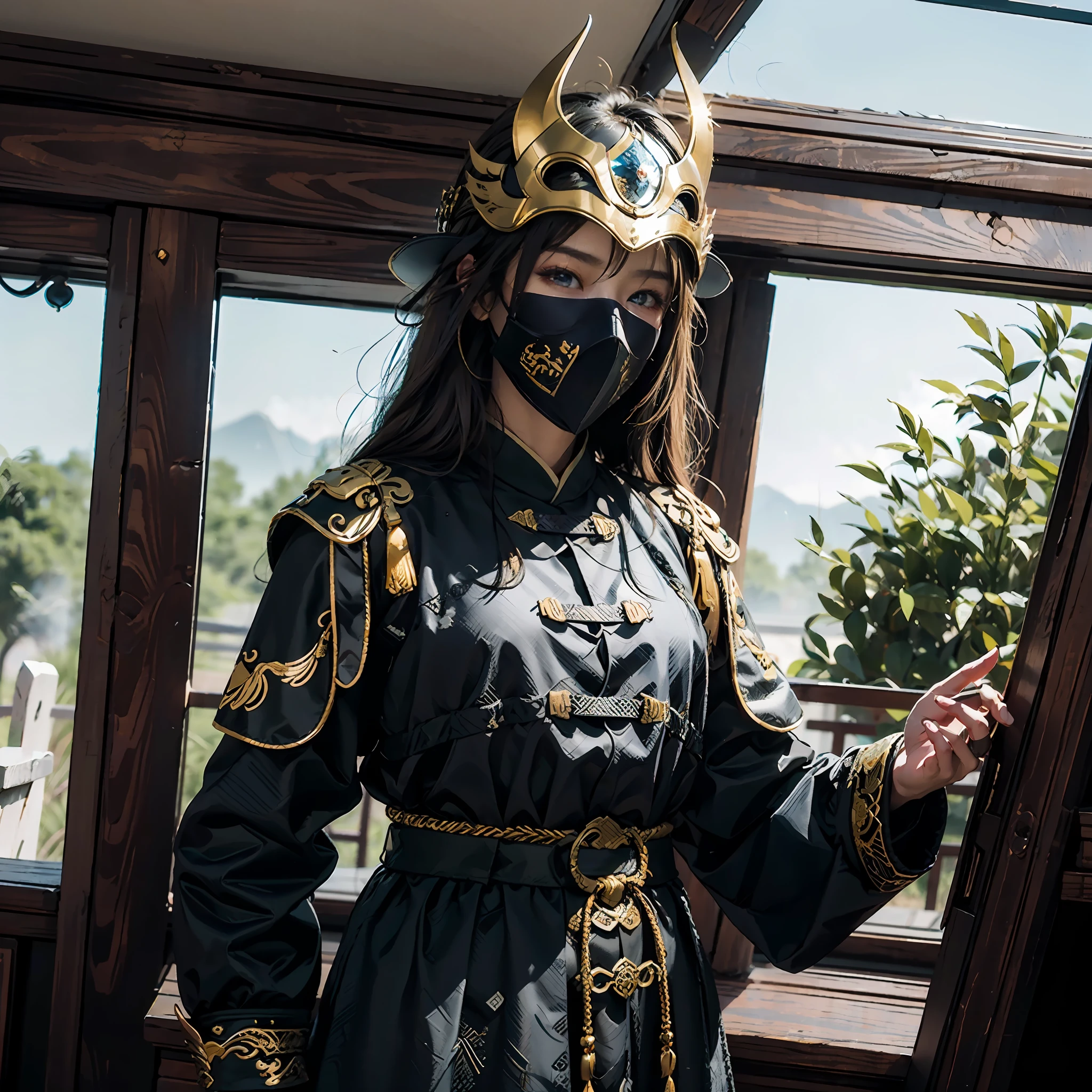 in a panoramic view,photorealestic,Ancient wind,Blue sky,,the great wall,3girl,Wear black Chinese clothing,Dressed in gorgeous golden Chinese armor,Wearing a golden helmet,Black mask,holding sabre,Carry a crossbow,Stand in front of the Great Wall,Sharp eyes,professinal,Meistwick,commissioned,best qualtiy,color corrected,After fixation,Retouching,Improvement,Epic,Tone-mapping,the detail, highly detailed, digitial painting, art stations, Conceptual map of the long dam, Smoothness, Sharp focus, Beautiful illustration, photore, The light from the back window is backlighted, 动态照明, Mist, 复杂, cinematic grain, professinal, face to the viewer,(Beautiful m3d_woman, Perfect M3D_face,), Volumetriclighting, subsurfacescattering, Good highlights, Good shadows, cinematic ligh