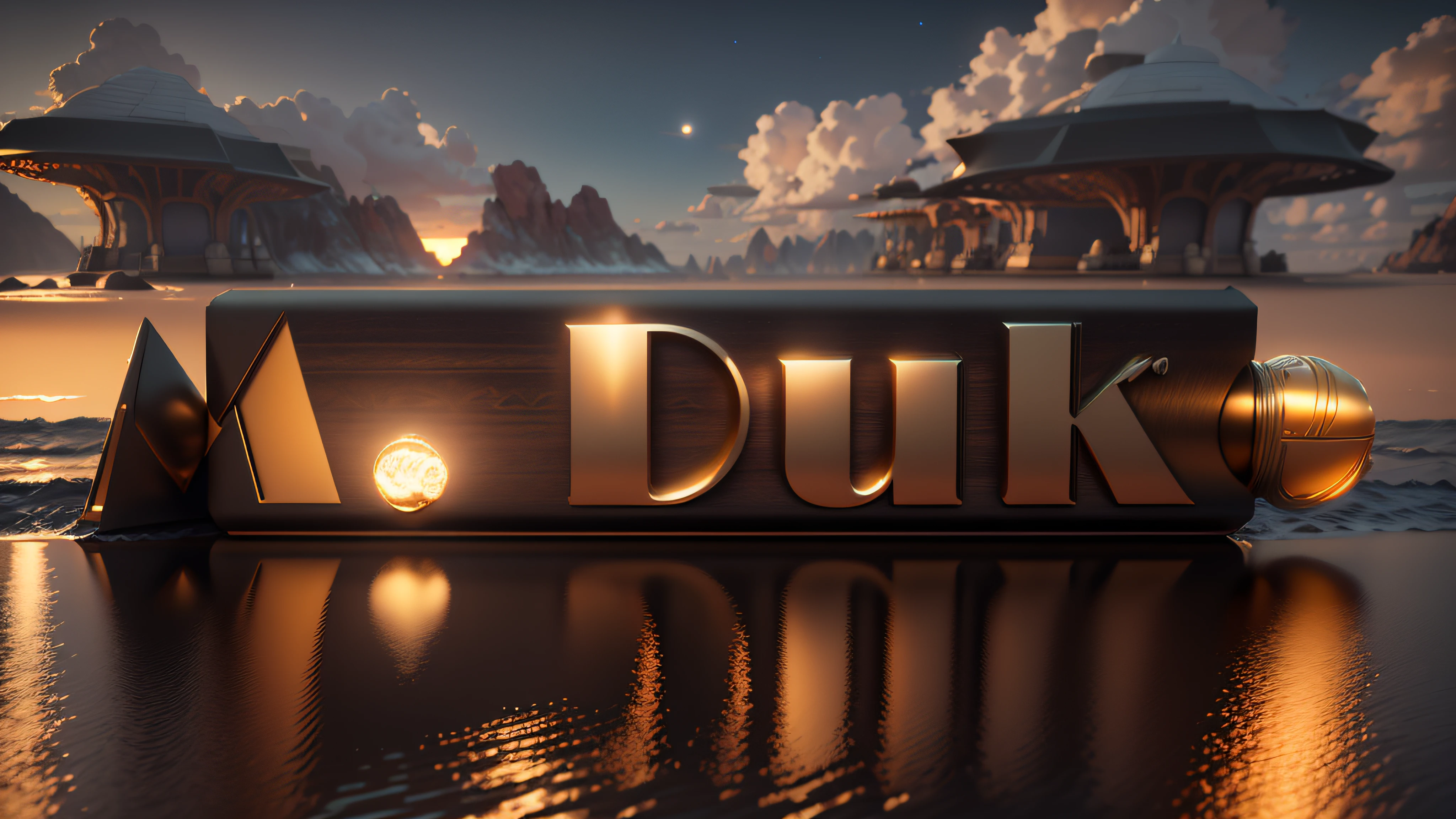 Logo com o nome M.Duke com tema bege e bronze, 8k, 3D-rendering, Hiper realista,  Night sky on a beautiful beach, lua muito cheia, NVIDIA, ray-traced, Bokeh, profundidade de campo, Sinalizadores,