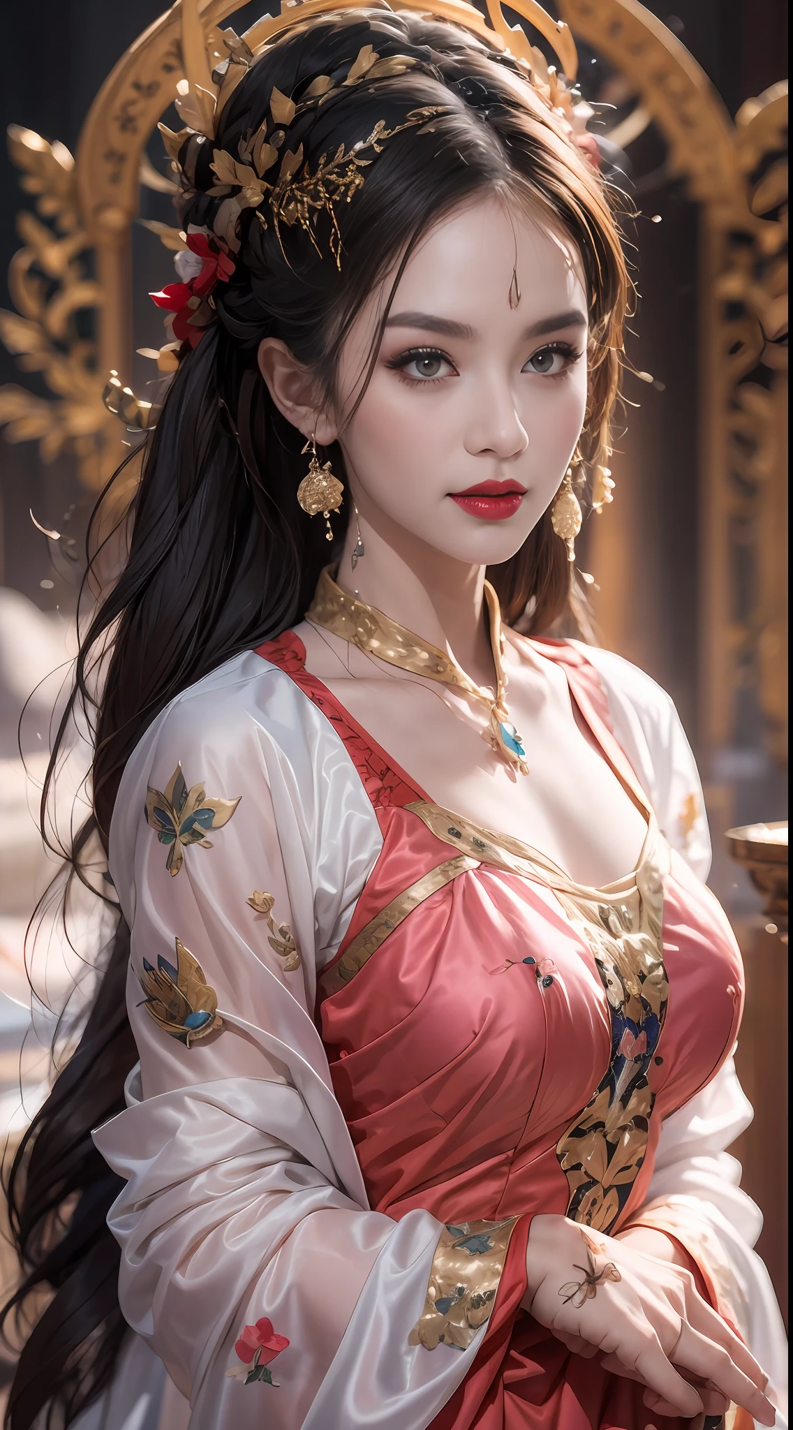 Portrait of a young 20-year-old saint, a saint with a beautiful and super cute face,wearing a very thin and sexy ao dai, beautiful cute face, Ao dai with a deep slit in the chest and attractive black and white lace trim, beautiful face without blemishes, Lovely smile, ((7-color hair length:1.2)), big crown, hair brooch, hanfu dress, chinese ancient style, full body jewelry, forehead tattoo, The female saint's breasts are round and very full, breast augmentation, innocent face, The most beautiful and detailed light red lipstick, ((Thin plump lips:0.3)), delicate pink and white eyes (white and detailed) cinematic, light and dark, dramatic lighting, magical light, extremely detailed light, true color, super sharp, realistic, 8k quality, fantasy universe background, saints and magical space, the most detailed images, Solo, a saintess, ((looking directly at the saint's upper body:0.4)), ((smooth skin:0.5)),