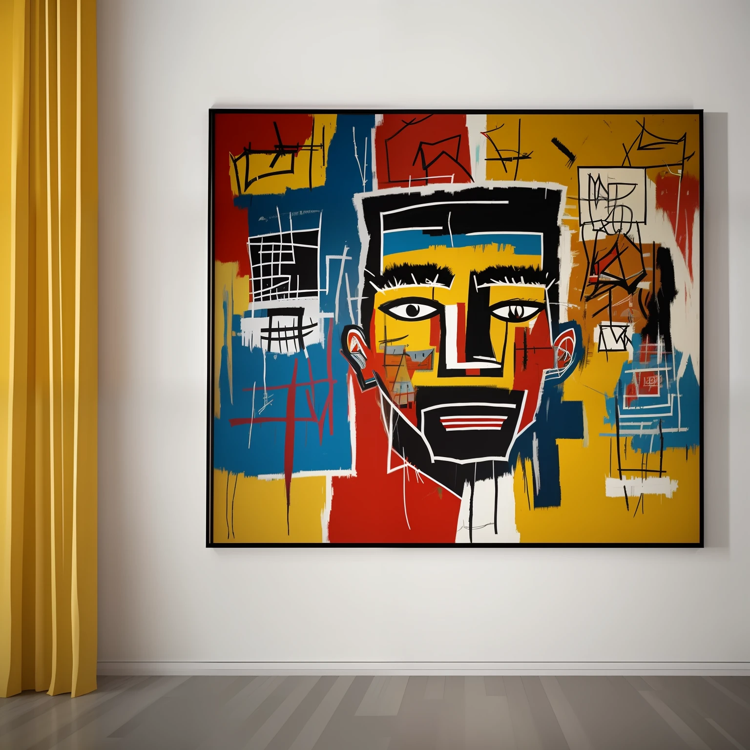 Basquiat's paintings、Background with、white walls、Detailed light、inside in room
