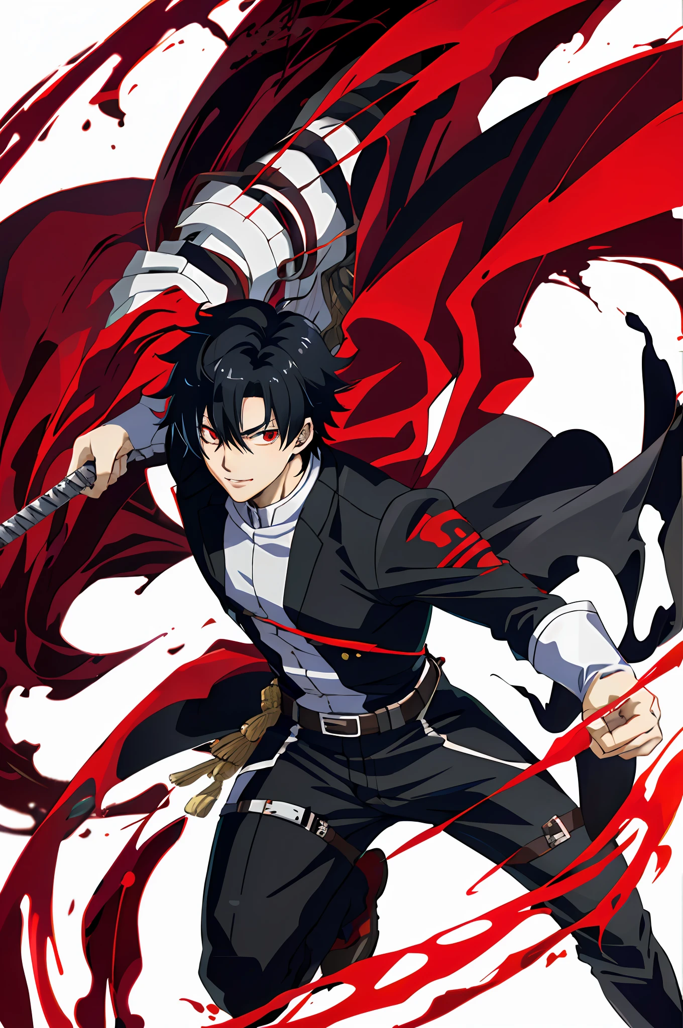 Black hair, Red eyes, Anime characters before the fire, handsome guy in demon killer art, Badass anime 8 K, shuushuu anime image, Demon Slayer Handsome Japanese Demon Boy,offcial art, young anime man