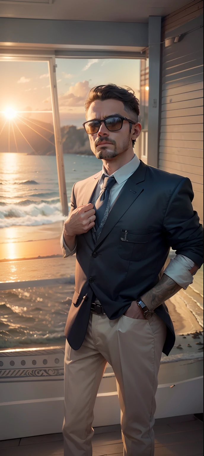 Change background Seaside full 8k quality and man with dog