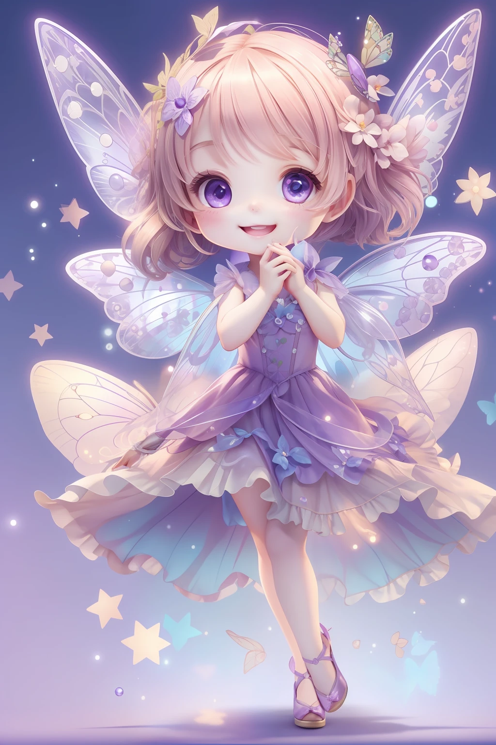 Cute fairy with a sense of transparency、Bright smile、Have fun playing、Beautiful background、Bright background、Purple background