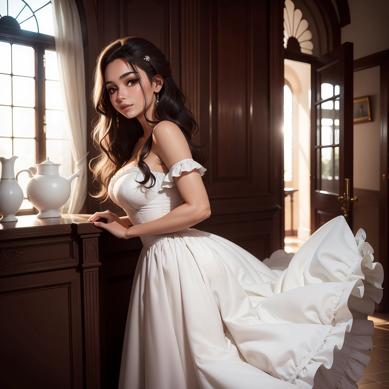 a beauti,20yr old,Pure,ssmile,is shy,cabelos preto e longos,White dress,In the mansion,are standing