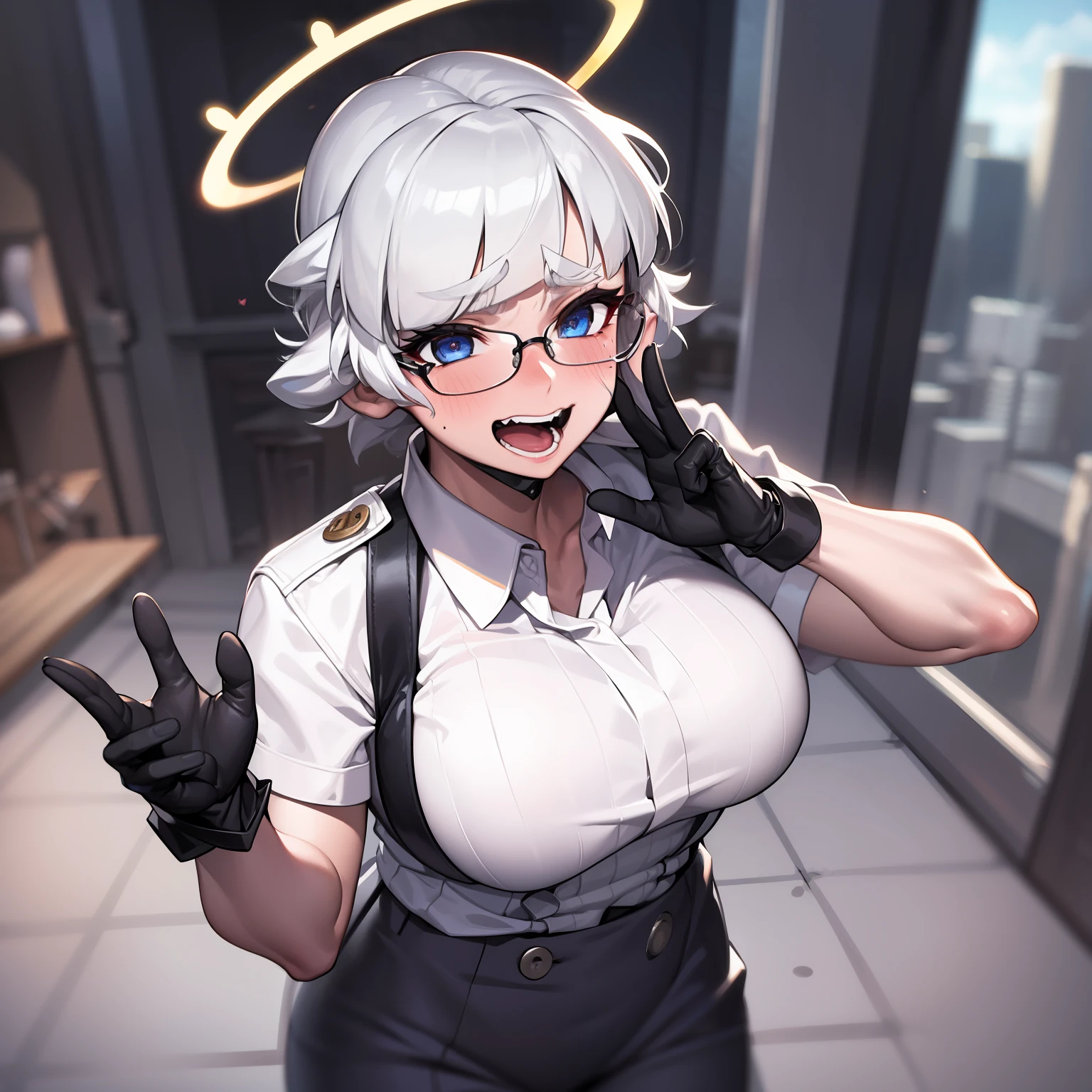 azazel(helltaker), hands up, 1girl, open mouth, solo, white shirt, bandages, mole, angel, halo, blue eyes, white gloves, white pants, cross, shirt, bandaged arm, single glove,gradient background, collared shirt, black hair, short sleeves, short hair, blush, mole under eye, looking at viewer, pants, full-face blush, gloves ,glasses,