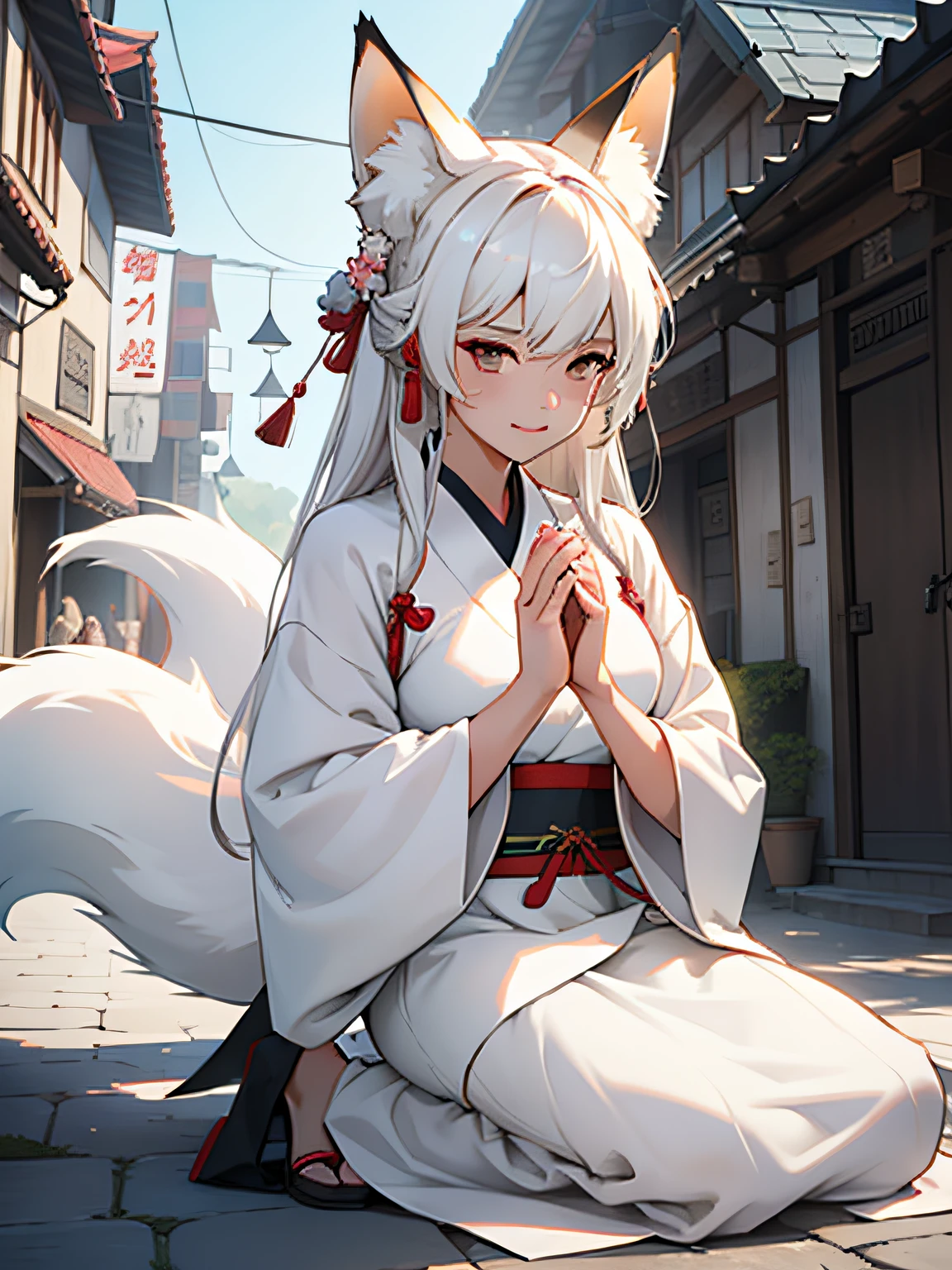 A woman who is,white hanfu,fox ear,Daytime scene,Open the action with both hands,