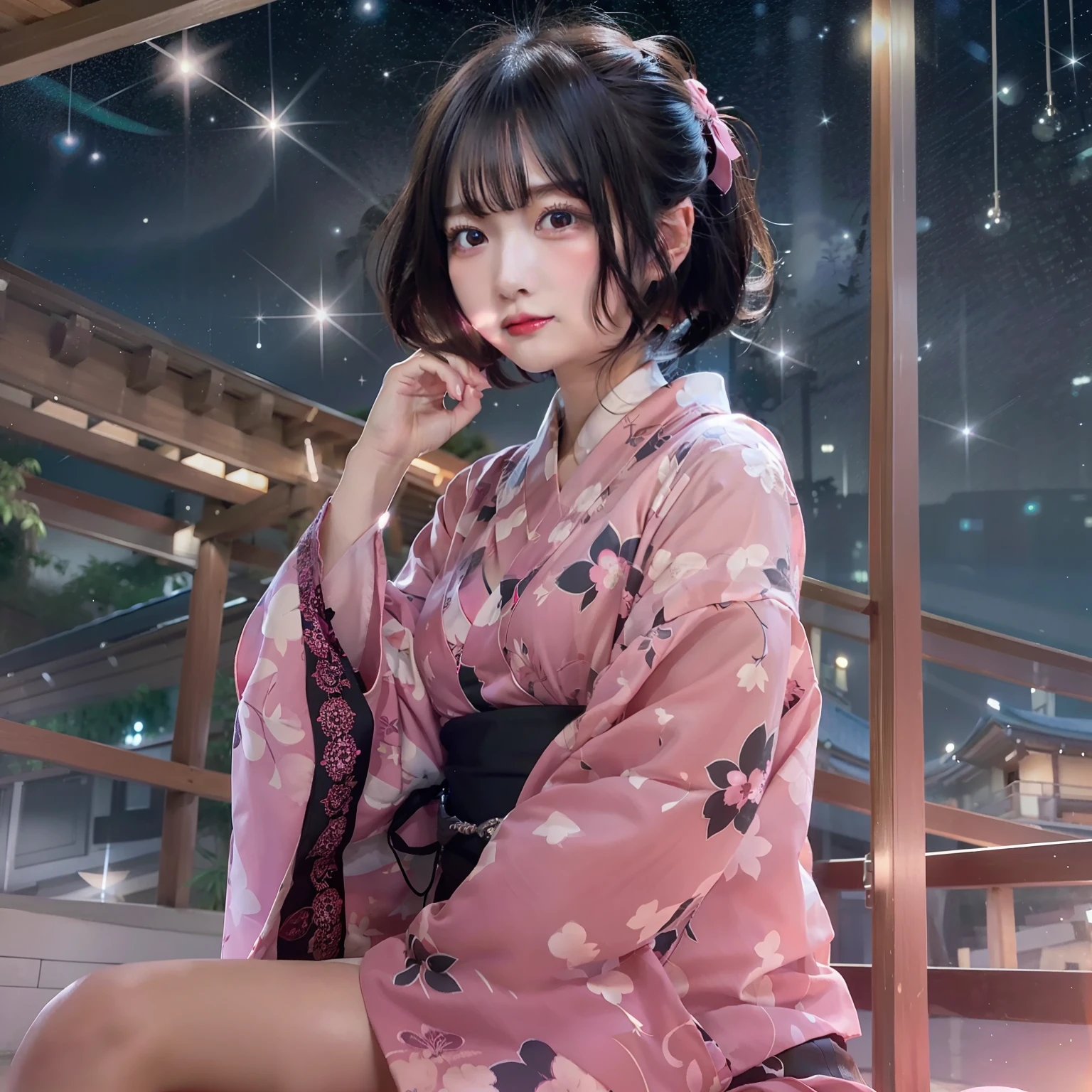 Sit at night and watch the starry sky, spread legs，Woman in pink yukata, Black Short Bob Hair，Gorgeous Japan Woman, sexy look at the camera, Good Young H Cup Bust Girl