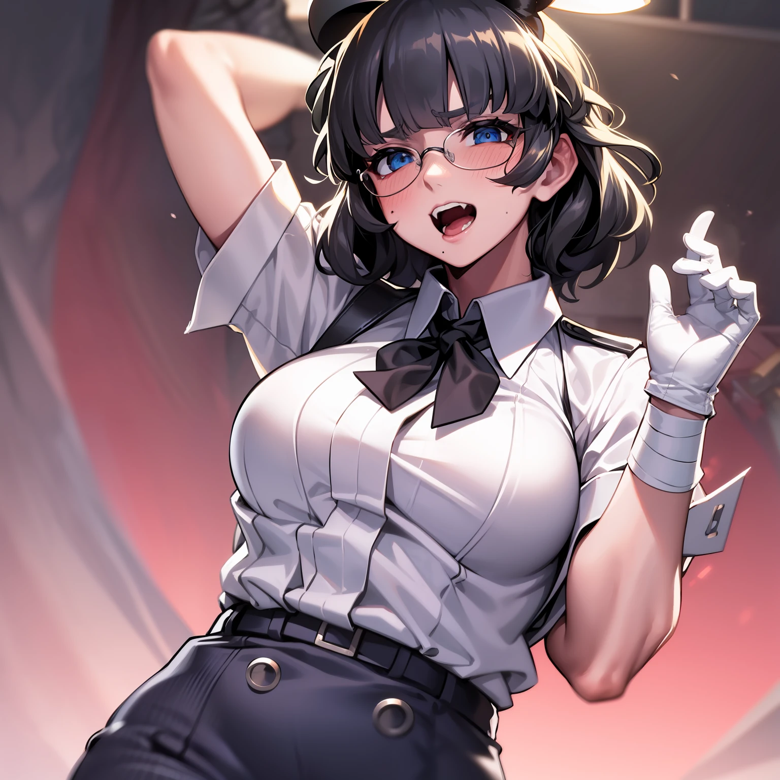 azazel(helltaker), hands up, 1girl, open mouth, solo, white shirt, bandages, mole, angel, halo, blue eyes, white gloves, white pants, cross, shirt, bandaged arm, single glove,gradient background, collared shirt, black hair, short sleeves, short hair, blush, mole under eye, looking at viewer, pants, full-face blush, gloves ,glasses,