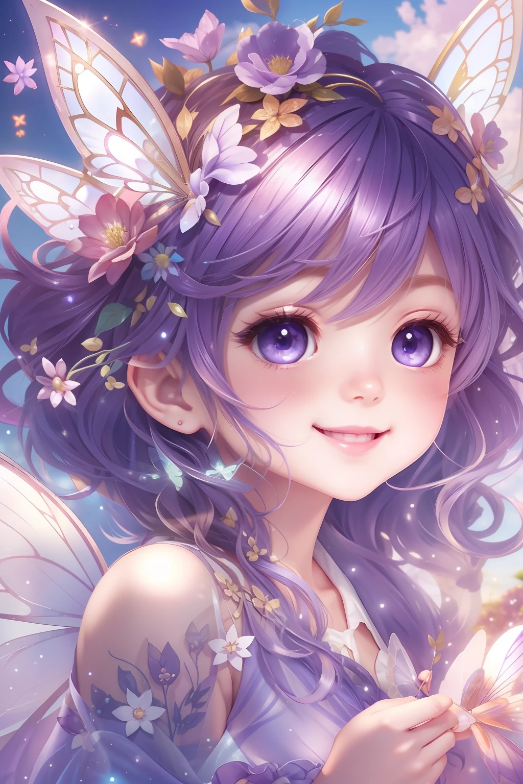 Cute fairy with a sense of transparency、Bright smile、Have fun playing、Beautiful background、Bright background、Purple background