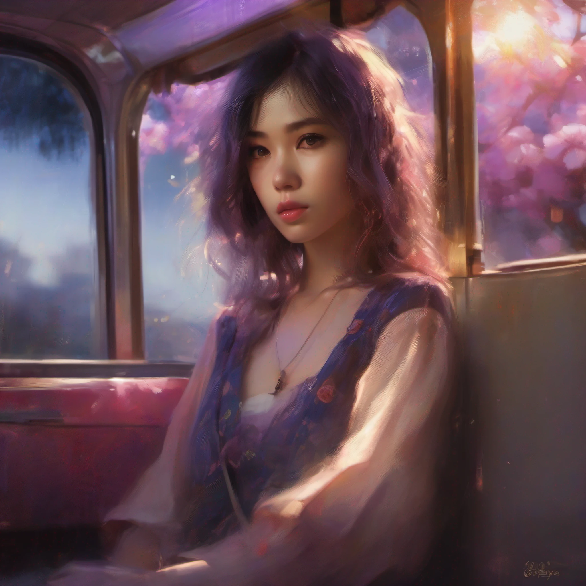 illustartions "bus", concept art by Pino Daeni, Jeremy Mann, Greg Rutkowski, Konstantin Razumov, Vladimir Volegov, Realistic close-up portrait, eun-ji playing electric guitar, sitting inside the bus, long purple hair, wearing vneck and mini skirt, clean face, sakura garden, epic cloud, sunrise, 4k, light reflected in the eyes, studio portrait, soft light, bezel lighting, bokeh background, picturesque, buff painting, (detailed faces:1. 3), (Detailed Eyes:1.3, 8K, HDR, RGB, Ultra-HD --ar 16:9  --q 5 --s 1000 --style raw