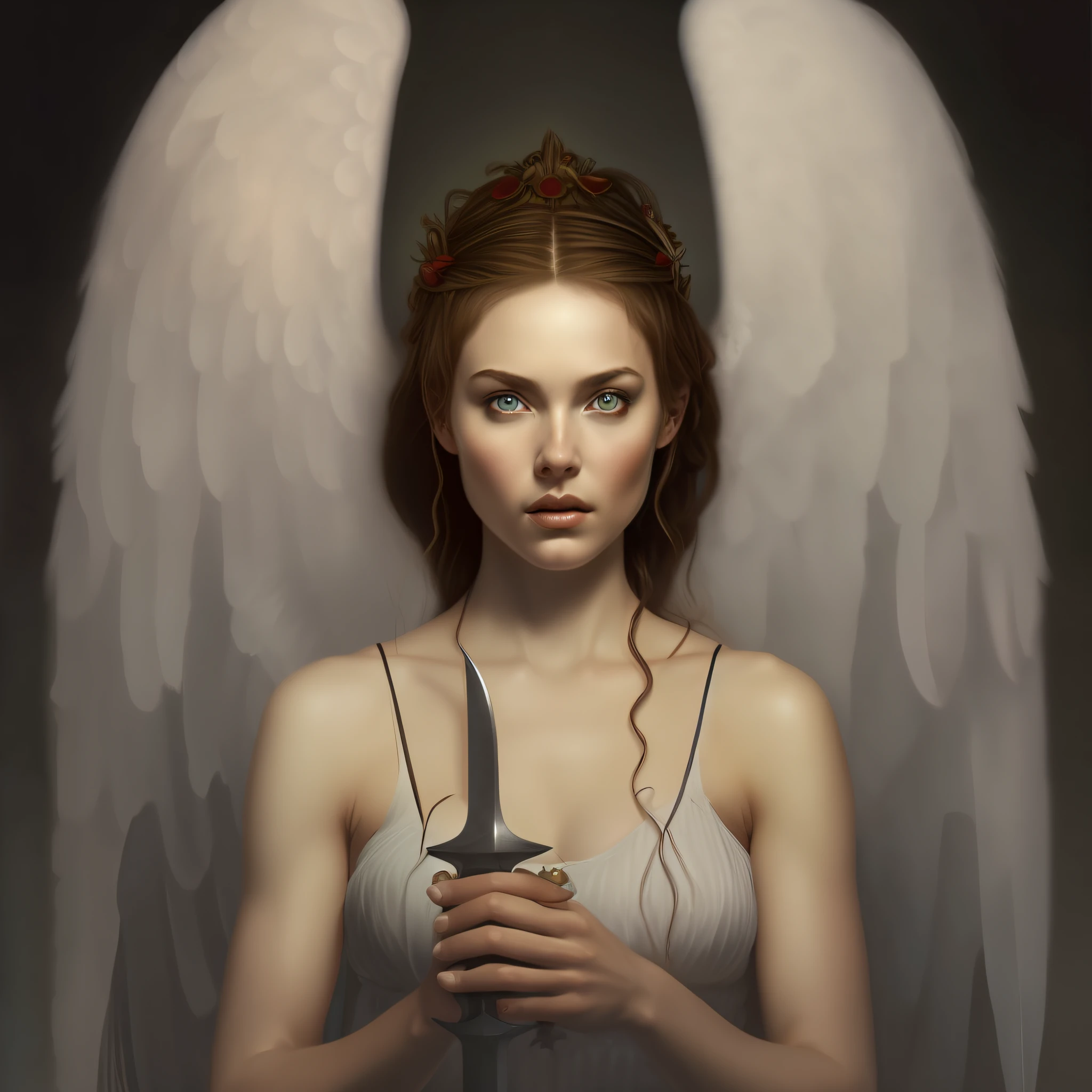 a hyper realistic portrait of a female heavenly angel, anatomy, bathed in light, holding a big sword, big angel wings, highly detailed, pretty face, smoth, sharp focus, illustration, newhorrorfantasy_style