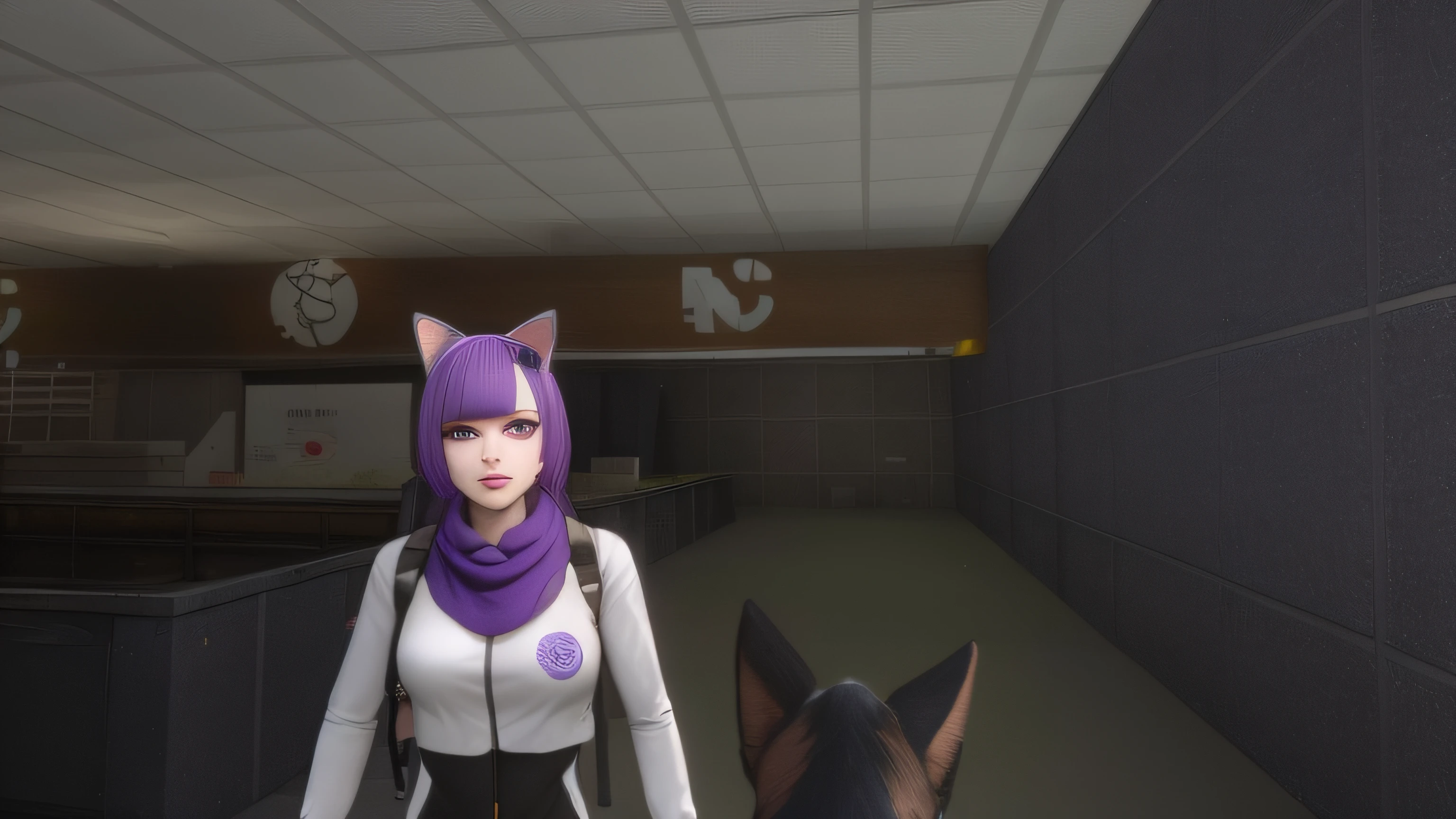 There is a woman in a white shirt and purple scarf, no jogo, in - jogo, no jogo, VRCabord, Dicas de Yayoi Kasuma, menina anime com orelhas de gato, menina com orelhas de gato, gato anime, gatinha, Nekomimi, menina gato atraente, wearing cybernetic bunny ears, Avatar do Second Life, rosto fofo