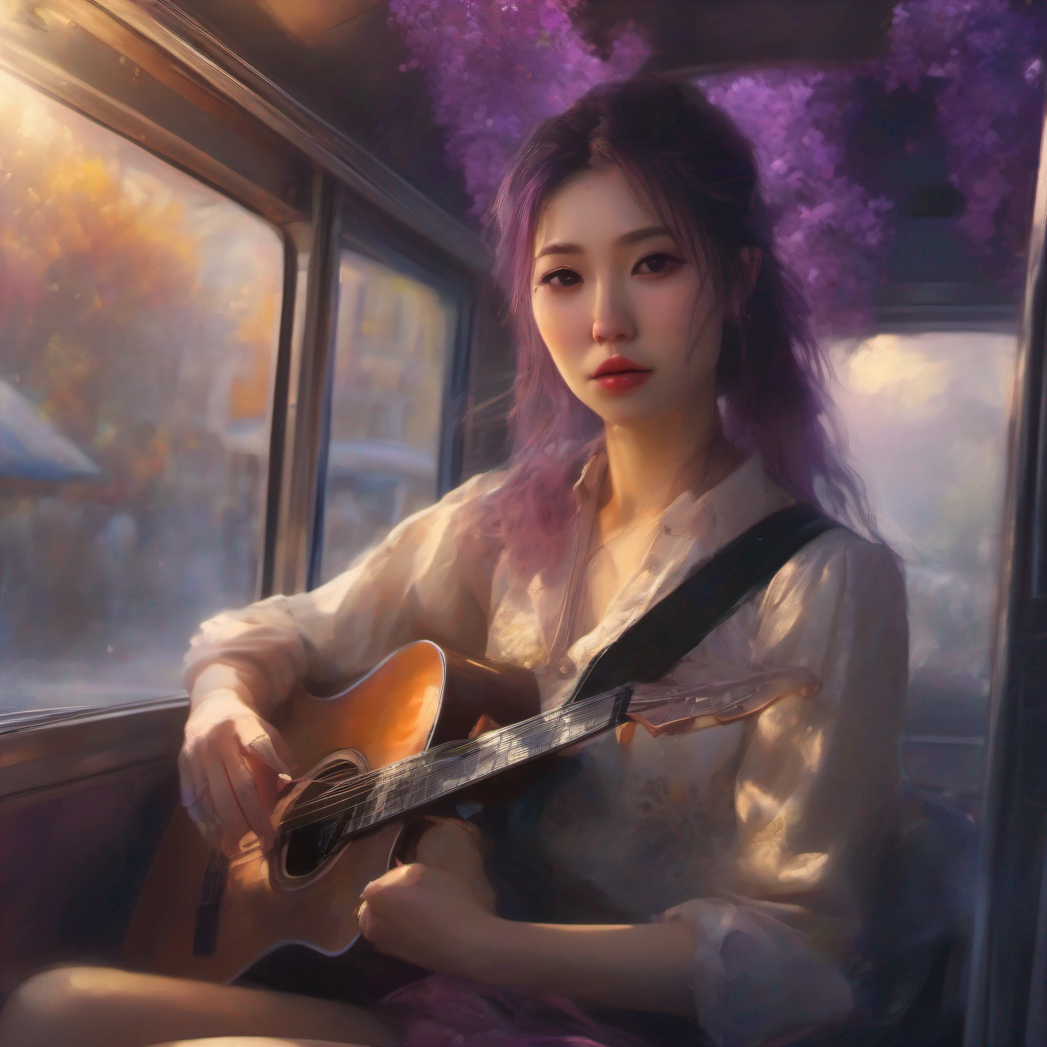 illustartions "bus", concept art by Pino Daeni, Jeremy Mann, Greg Rutkowski, Konstantin Razumov, Vladimir Volegov, Realistic close-up portrait, eun-ji playing electric guitar, sitting inside the bus, long purple hair, wearing vneck and mini skirt, clean face, sakura garden, epic cloud, sunrise, 4k, light reflected in the eyes, studio portrait, soft light, bezel lighting, bokeh background, picturesque, buff painting, (detailed faces:1. 3), (Detailed Eyes:1.3, 8K, HDR, RGB, Ultra-HD --ar 16:9 --q 5 --s 1000 --style raw