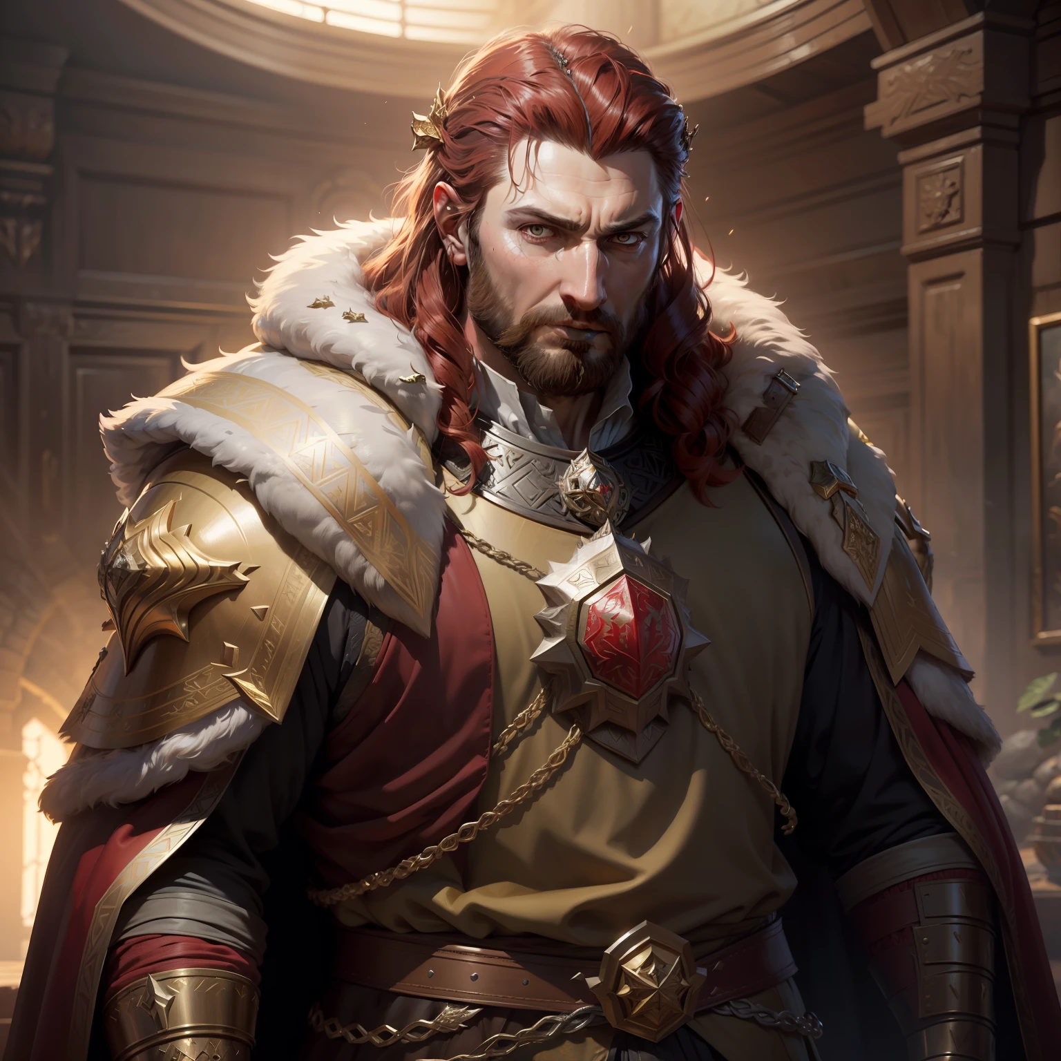 High detail RAW color art, animation, Richard Armitage as Thorin Oakenshield from LOTR, (inside the mountain dwarven halls), ((((crown on head whit Arkenstone)))) red leather armor, ((very short red hair)) huge silver wolf fur collar ((against the background of gold placers smaug dragon)) Atey Ghailan, by Jeremy Mann, Greg Manchess, Antonio Moro, trending on ArtStation, trending on CGSociety, Intricate, High Detail, Sharp focus, dramatic, photorealistic painting art by midjourney and greg rutkowski, bokeh on background