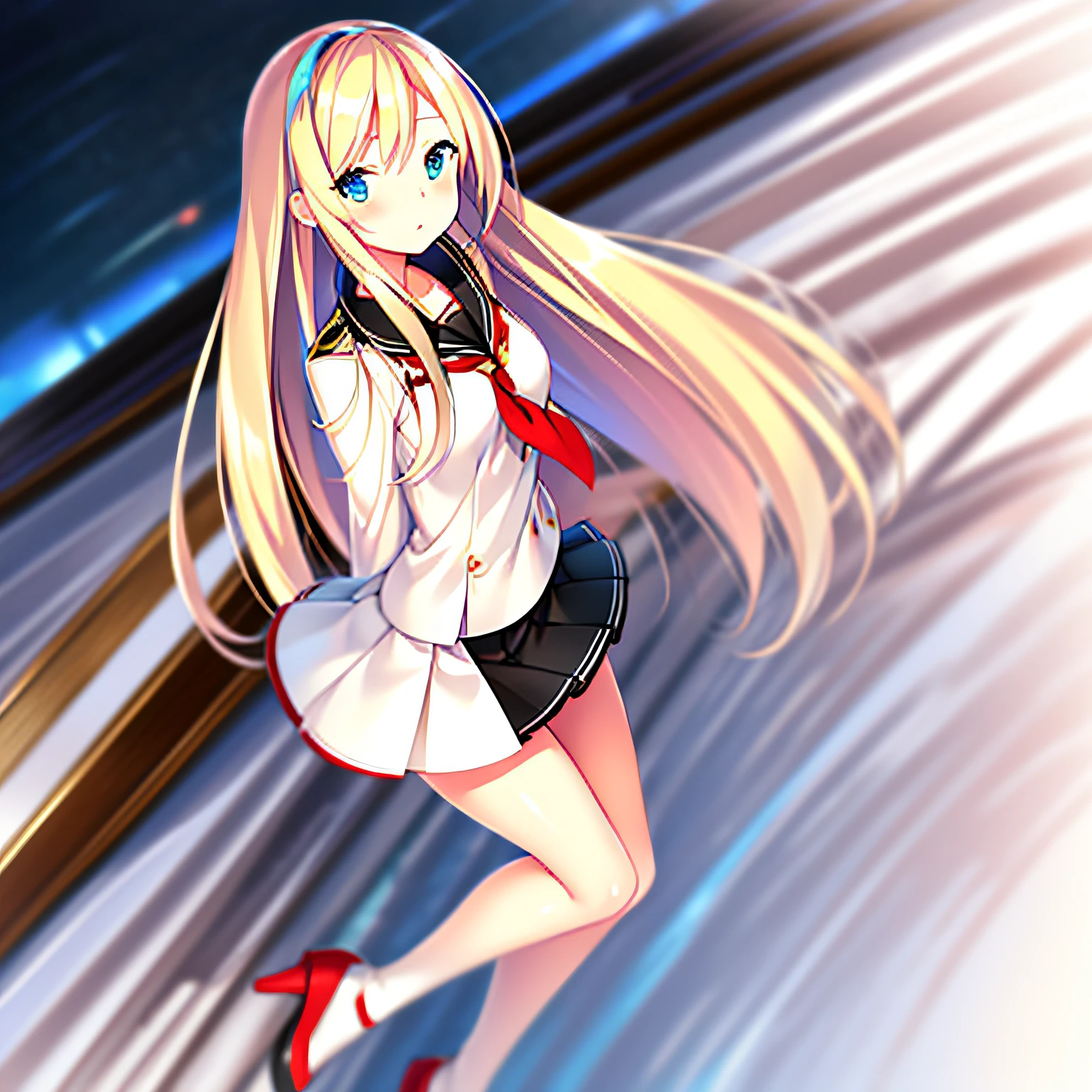 Saratoga (warship girls r),((Masterpiece)), (((Best quality))), ((Ultra-detailed)), ((illustration)), ((Disheveled hair)), ((frilld)), (1 girl), (Solo)，black sock, black thighhigns, Blonde hair, Blue eyes, Blue skirt, Blush, Clothing, Eyebrows visible through hair, Female, Footwear, full bodyesbian, High heels, legwear, Long hair, view the viewer, neckerchief, parted lip, red neckchief, Red necklace, shoes, Short sleeves, Skirt, upper legs, (In the room:1.2)