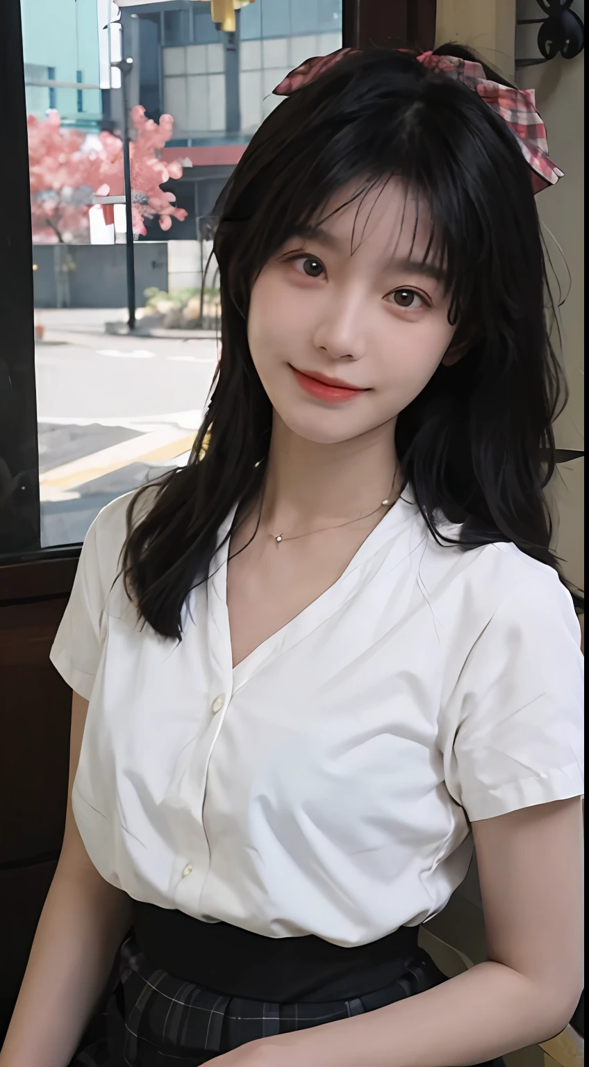 best qualtiy， 超高分辨率， （realisticlying：1.4）， Baoyu Girl， Black long straight，A pair of clear and moving peach blossom eyes,Royal Sister，校服，sunshine on face，（choker necklace：1.2），（Fair skin：1.8），a sense of atmosphere，a beauty girl， ssmile，head straight-looking at viewer， closeup cleavage ，(Photorealistic:1.4),Suits，white  shirt，yellow bow，neck bowtie，Yellow skirt，Plaid skirts，pleatedskirt，