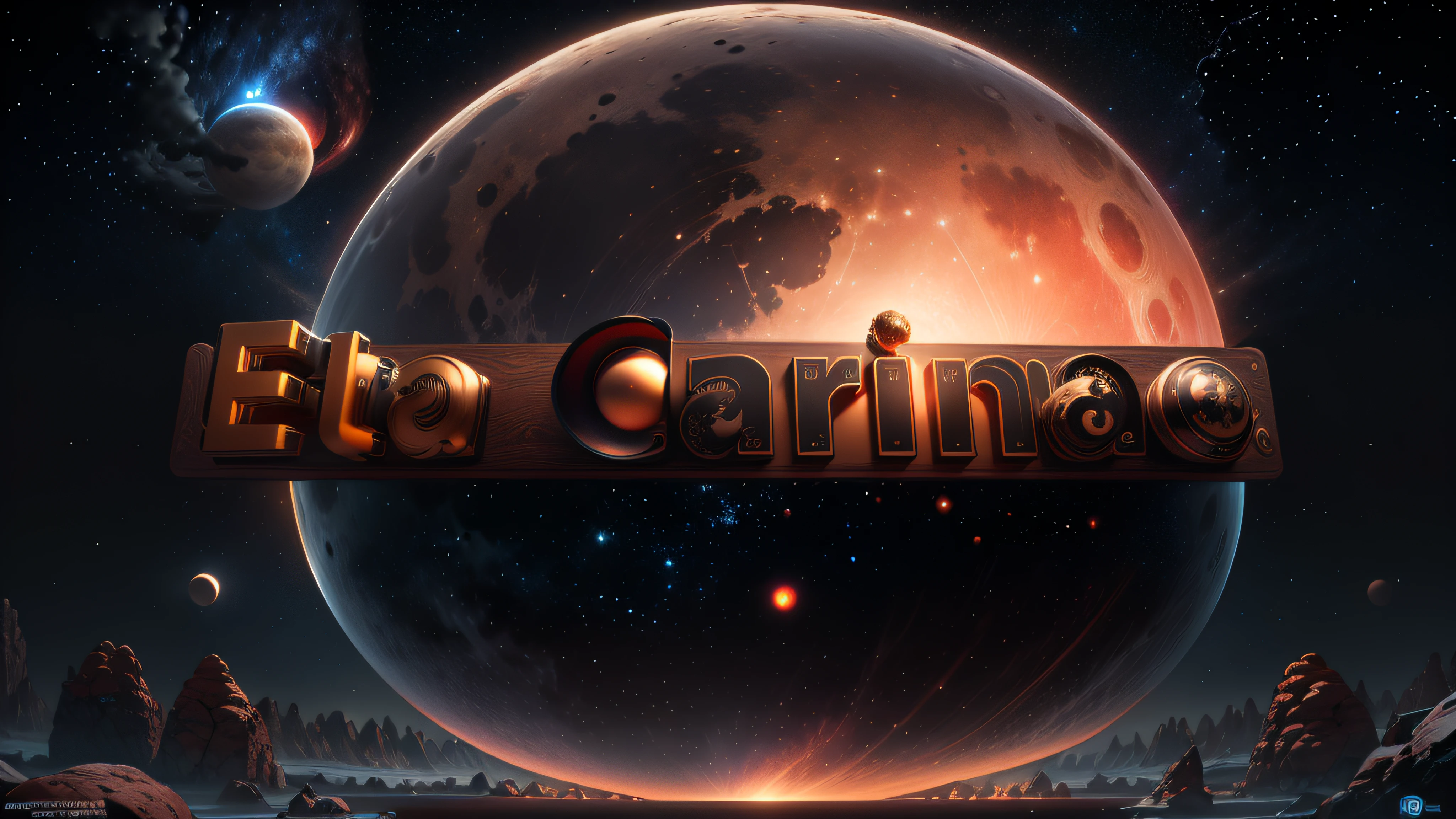 Logo with the name Eta Carinae red and bronze illuminated by neon of various colors in a night sky with full moon and giant planet Saturn behind, 8k, 3D-rendering, Hiper realista, logo is on a mirrored chessboard, NVIDIA, ray-traced, Bokeh, profundidade de campo, Sinalizadores,