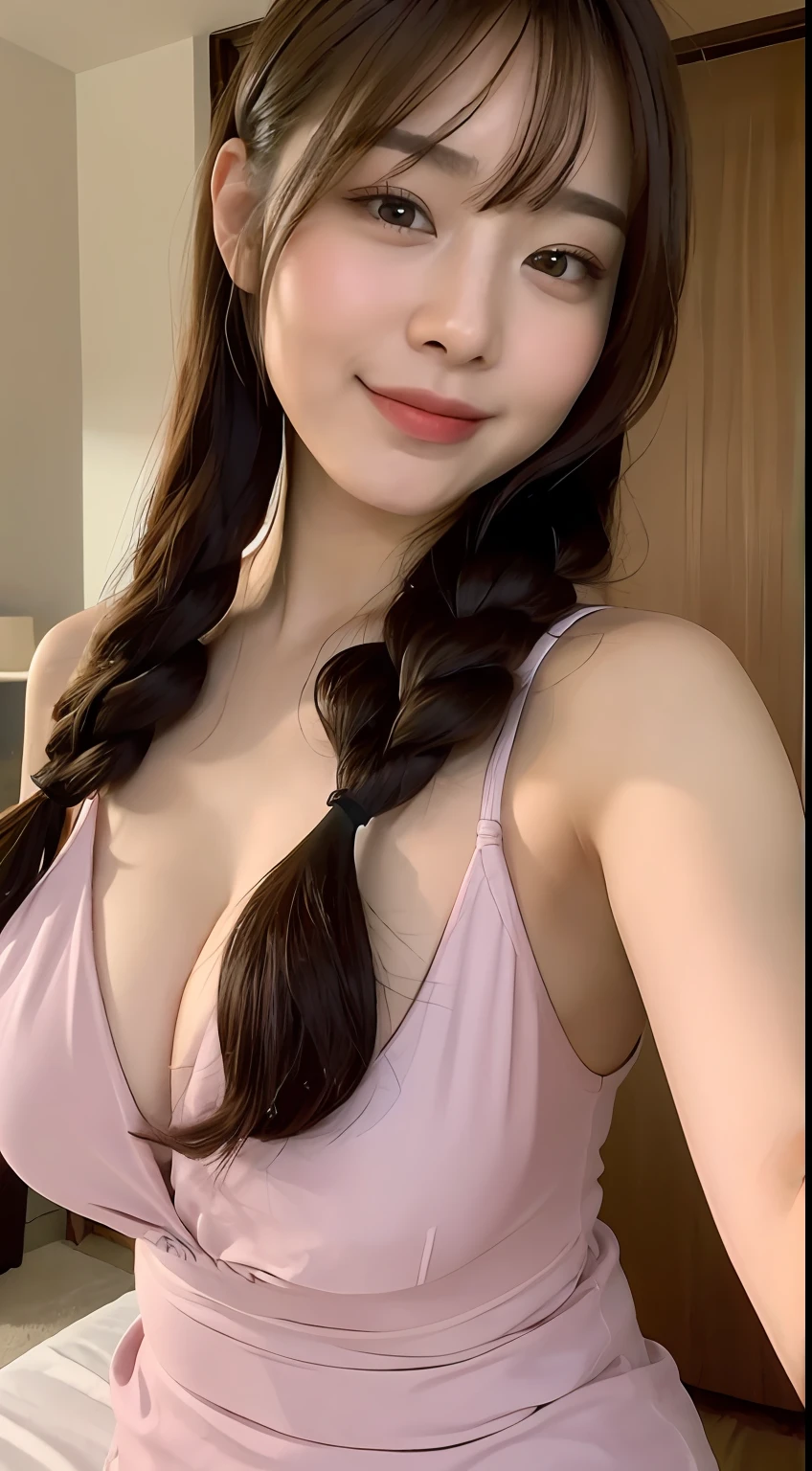 ((top-quality、8K、masterpiece:1.3))、1girl in、slightly chubby beauty:1.3、(Hairstyle Casual、tits out:1.2)、26 year old、Pupils、Cute swimsuit、Licking the nipples of a lying man、hand job、pov、chubby face、Delicat eyes、二重まぶた、A smile、hotels room、on the beds、seductiv、Gonzo、