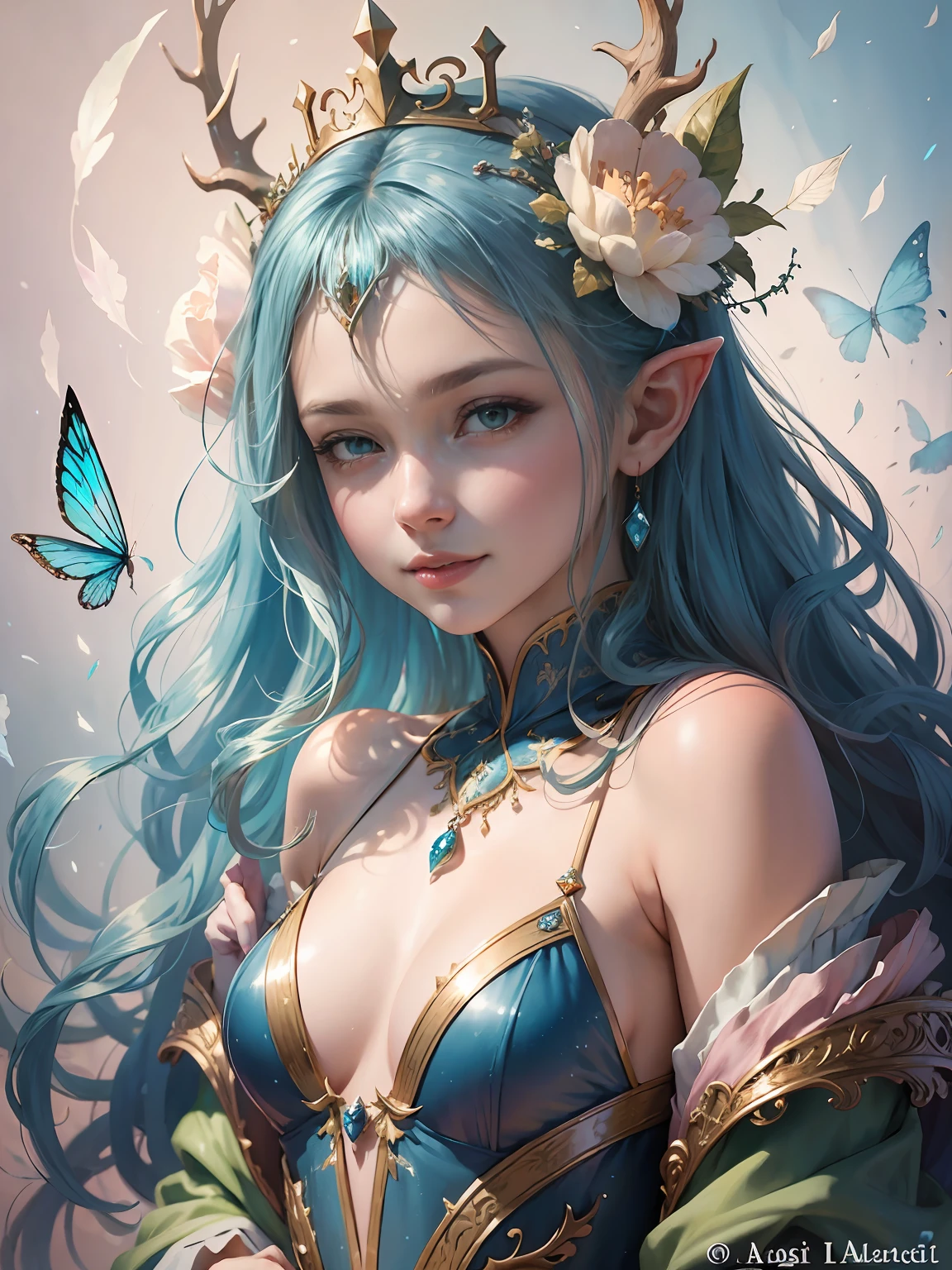 Princess Deer girl with angle wing,smile, blue, pastel, glitter, dramatic, dreamy, pastel, Watercolor, Whimsical, delicate, crown of shells, Trending on Artstation, Highly detailed, Intricate, Portrait, digital painting, Fantasy theme, Fantasy robes, Conceptual fantasy art, Fantasy character art, Presumptuous, , perfect body, whole body, dreamer, pastel, Watercolor, Whimsical, Delicate, shell crown, art by loish and lois van baarle, Trending on Artstation, Highly detailed, Intricate, Portrait, digital painting, fabulously beautiful elf fairy, luminous wings, cute, 8k, ((masterpiece)), (best quality), (detailed), Beautiful, large, charming eyes, Beautiful, goddess, nature girl, queen, Hyper realistic, HD, cards