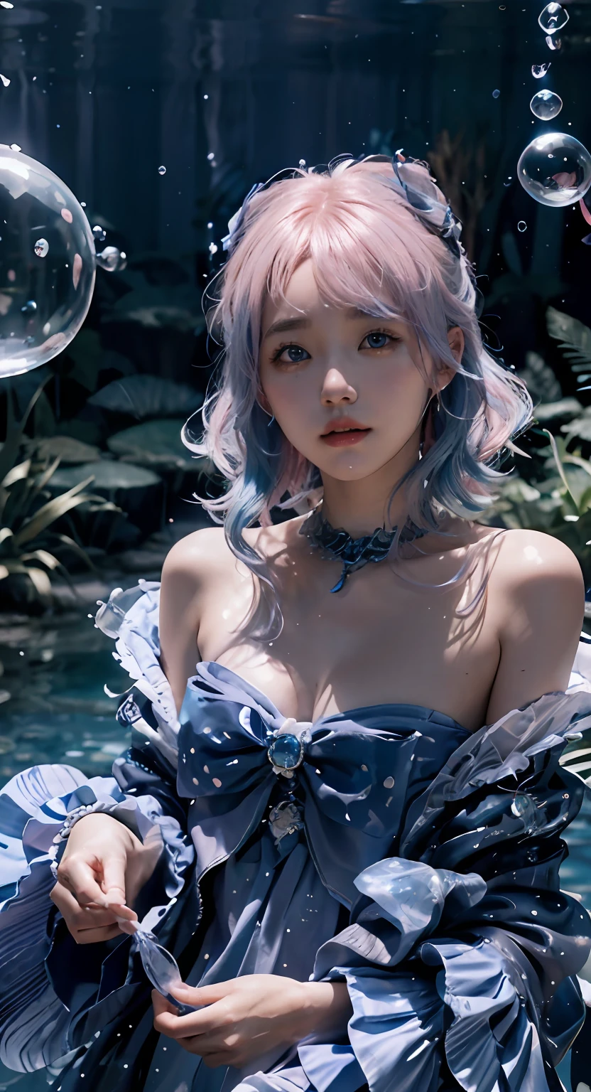 Cute Korean face，Innocent face，blue color eyes，A pink-haired，Blue hair ends，Qi bangs，Facial light and shadow，plain face，cinmatic lighting,Masterpiece, Super detail, High quality, High details, A high resolution, 4K, Award-Awarded，water bubbles，airbubble，Cinematic lighting, shadowing, filmgrain,，monochrome,escala cinza,a sketch,Realistic,Photorealistic，Bandeau off-the-shoulder dress，Oversized bow at chest，Light blue clothes，ocean floor，blue color eyes，There are small fish，Dark blue lace collar trim，closeup fantasy with water magic, cosplay, Guviz,airbubble，Guviz-style artwork，Underwater world，elegant floating pose, A pink-haired，Blue hair ends，cinmatic lighting,Masterpiece, Super detail, High quality, High details, A high resolution, 4K, Award-Awarded，water bubbles，airbubble，Cinematic lighting, shadowing, filmgrain, Artistic portrait of a girl，Gorgeous light and shadows，monochrome,escala cinza,a sketch,Realistic,Photorealistic，Cute Korean face，Innocent face，Facial light and shadow，plain face，Light blue skirt