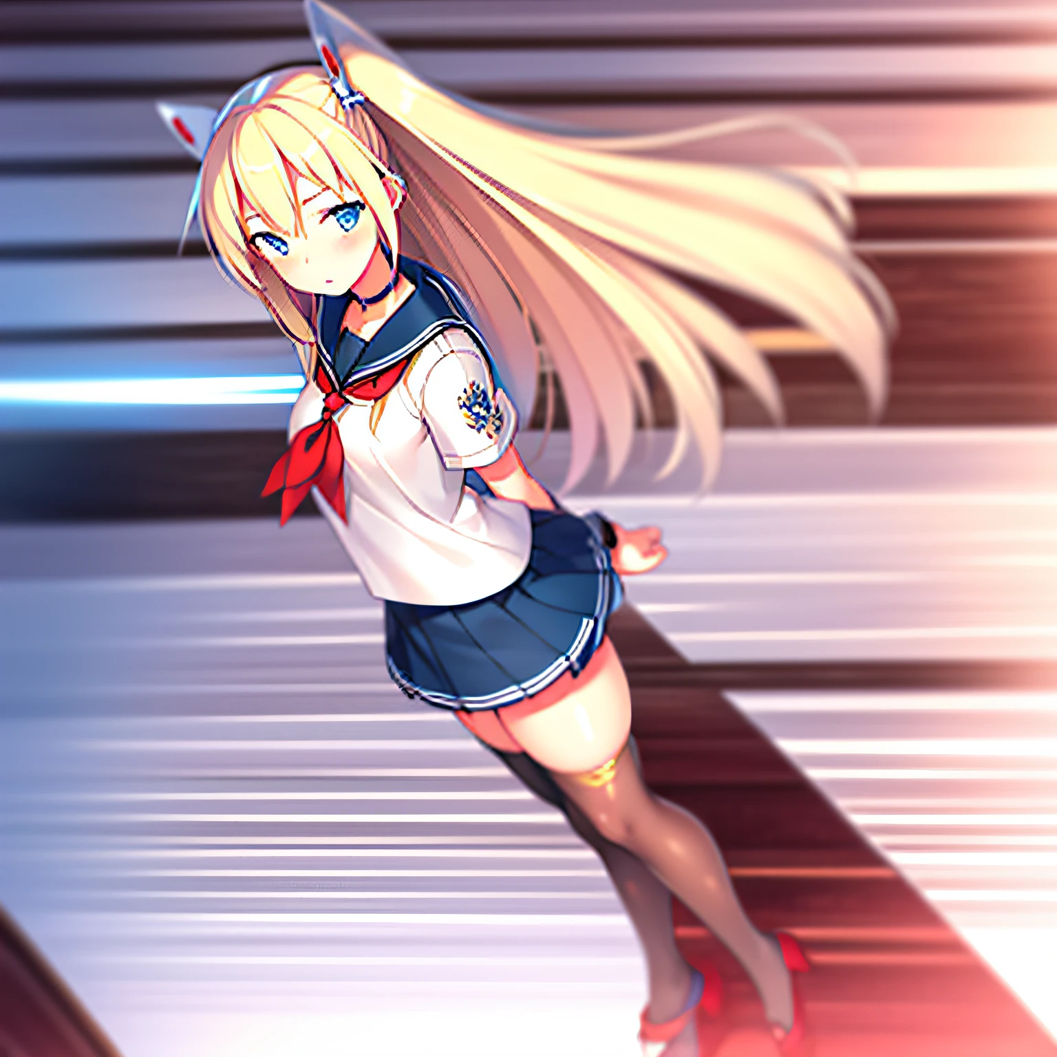 Saratoga (warship girls r),((Masterpiece)), (((Best quality))), ((Ultra-detailed)), ((illustration)), ((Disheveled hair)), ((frilld)), (1 girl), (Solo)，black sock, black thighhigns, Blonde hair, Blue eyes, Blue skirt, Blush, Clothing, Eyebrows visible through hair, Female, Footwear, full bodyesbian, High heels, legwear, Long hair, view the viewer, neckerchief, parted lip, red neckchief, Red necklace, shoes, Short sleeves, Skirt, upper legs, (In the room:1.2)