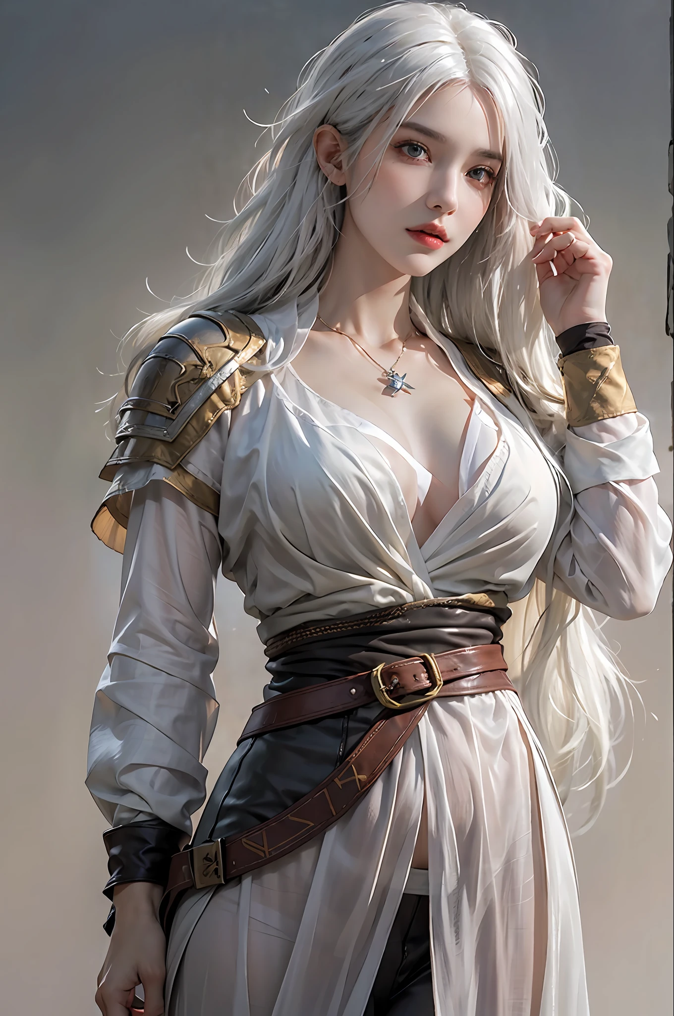 photorealistic, high resolution, 1 women, solo, hips up, look at viewer, (detailed face), white hair, long hair, medium breasts, the witcher clothes