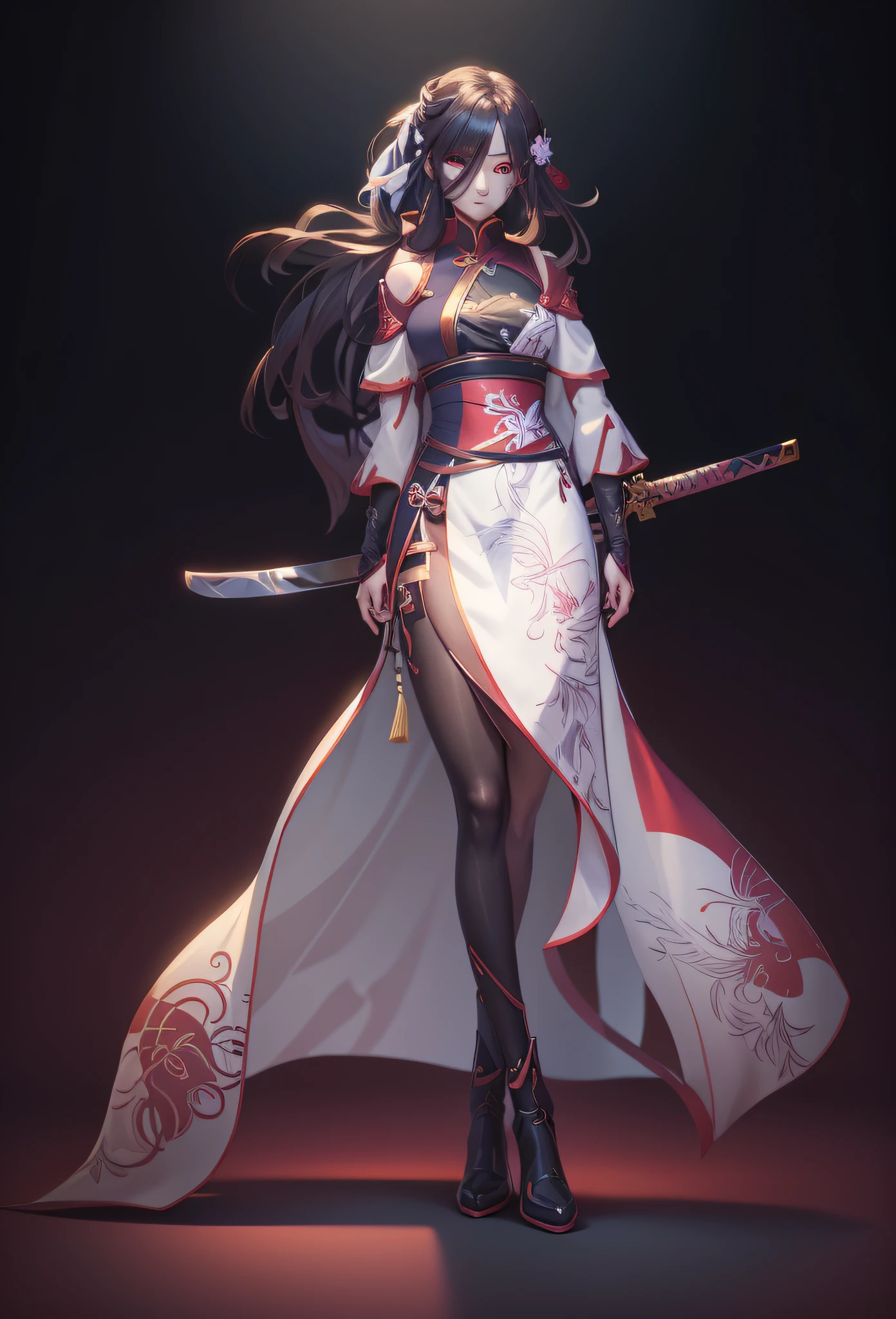 Anime characters with sword and long sleeve dress, Katana Zero video game character, Onmyoji detailed art, full-body xianxia, onmyoji, full-body wuxia, female anime character, she is holding a katana sword, Ayaka Genshin impact, Female action anime girl, anime full body illustration, official character art，white backgrounid