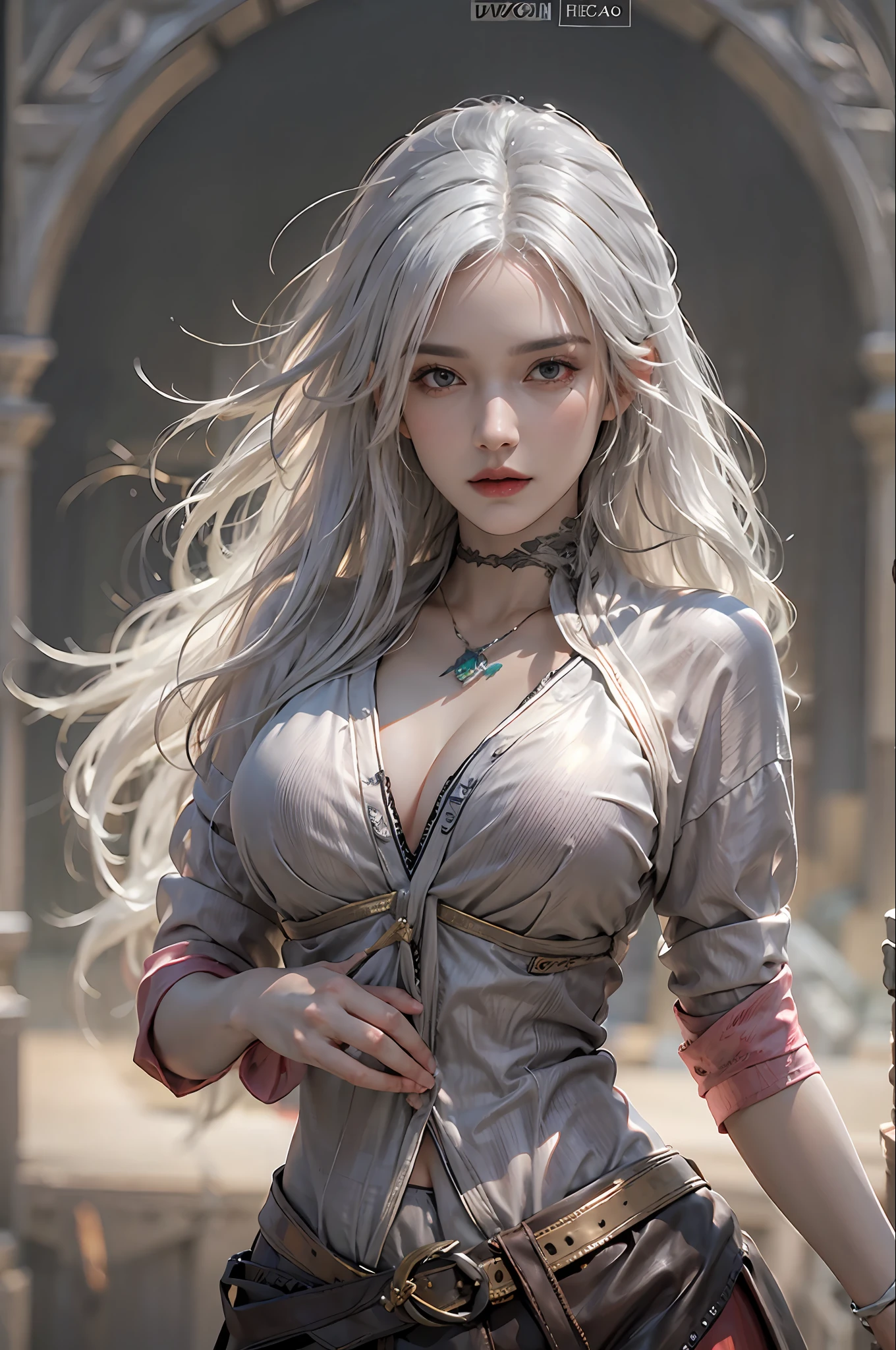 photorealistic, high resolution, 1 women, solo, hips up, look at viewer, (detailed face), white hair, long hair, medium breasts, the witcher clothes