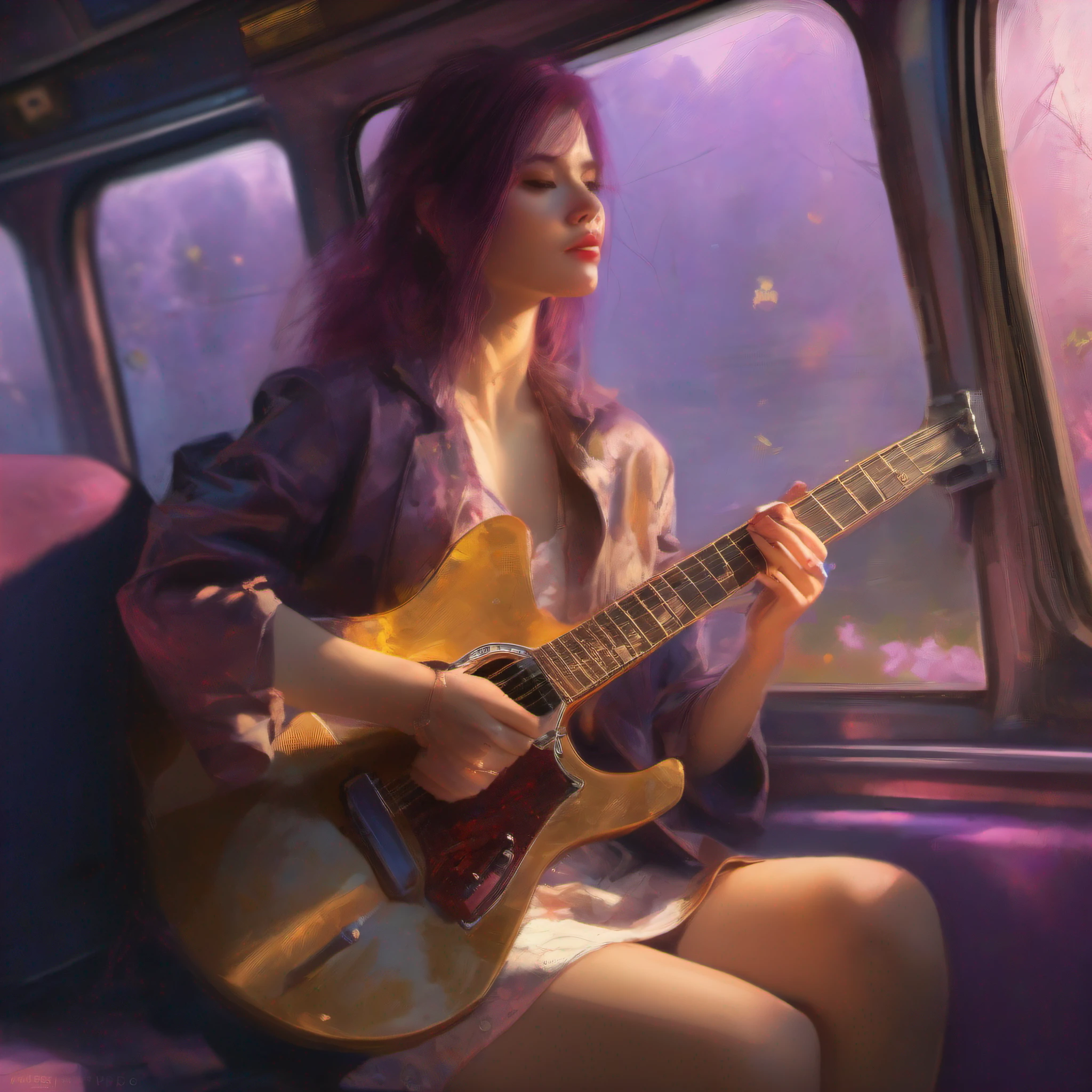 illustartions "bus", concept art by Pino Daeni, Jeremy Mann, Greg Rutkowski, Konstantin Razumov, Vladimir Volegov, Realistic close-up portrait, eun-ji playing electric guitar, sitting inside the bus, long purple hair, wearing vneck and mini skirt, clean face, sakura garden, epic cloud, sunrise, 4k, light reflected in the eyes, studio portrait, soft light, bezel lighting, bokeh background, picturesque, buff painting, (detailed faces:1. 3), (Detailed Eyes:1.3, 8K, HDR, RGB, Ultra-HD --ar 16:9 --q 5 --s 1000 --style raw