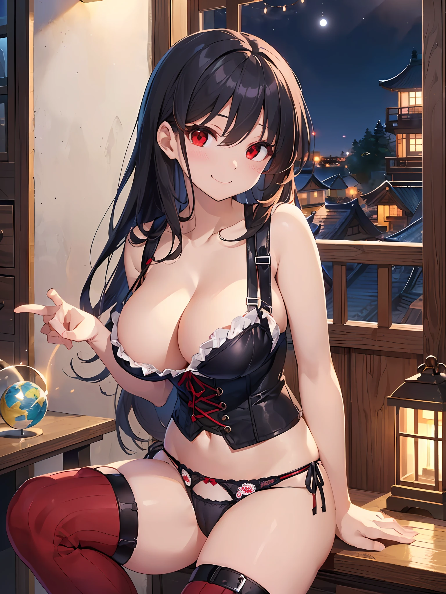 (masterpiece)、(top-quality)、detaile、abajour、window、(nighttime scene:1.5)、nighttime scene、(red eyes:1.4)、Delicate interior design、(zoomed:1.5)、Longhaire、1girl in、Lower breast、Black hair)、length hair、red blush、(a beautifulchi girl)、cute little、(maikurobikini:1.1)、overknee socks、((garterbelts))、(corsets)、((Eye lashes)、huge-breasted、(cleavage of the breast)、(A smile)、knee sox、Long Globe、an lingerie、corsets、耳Nipple Ring、Character Center、Kamimei、(((I can see panties)))、Tsuriformes、Small pants、Doya face、Angle from the side