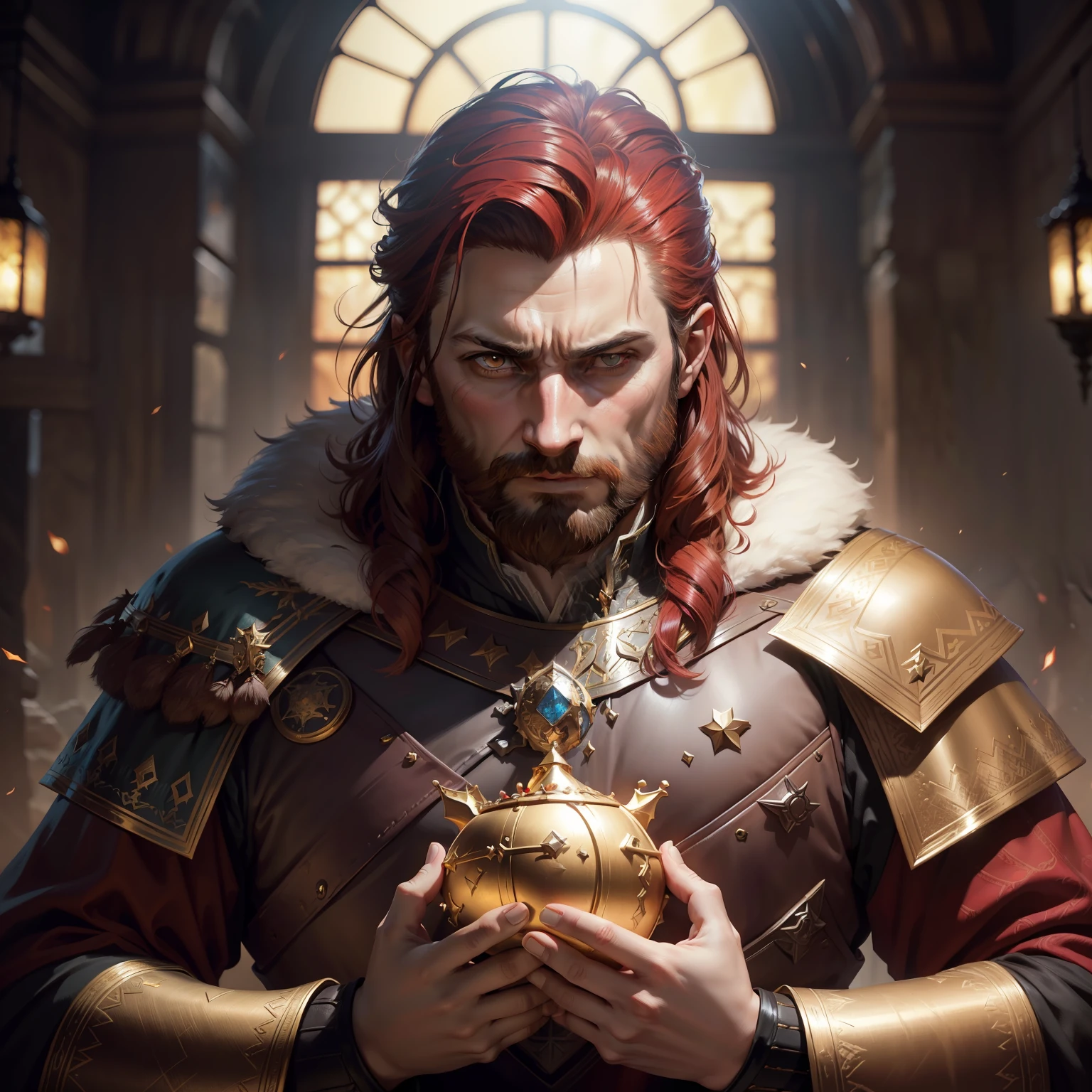 High detail RAW color art, animation, Richard Armitage as Thorin Oakenshield from LOTR, (inside the mountain dwarven halls), ((((crown on head whit Arkenstone)))) red leather armor, ((very short red hair)) huge silver wolf fur collar ((against the background of gold placers smaug dragon)) Atey Ghailan, by Jeremy Mann, Greg Manchess, Antonio Moro, trending on ArtStation, trending on CGSociety, Intricate, High Detail, Sharp focus, dramatic, photorealistic painting art by midjourney and greg rutkowski, bokeh on background